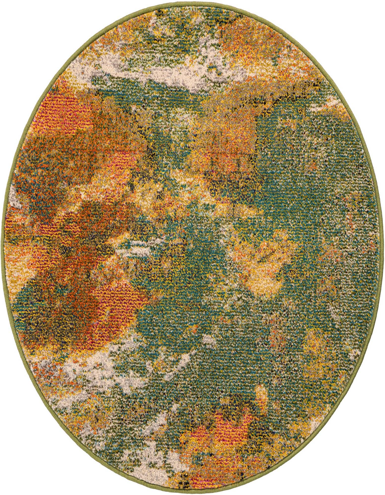 A 3' 3 round modern abstract rug with a vibrant blend of greens, oranges, yellows, and creams, featuring a subtle green border.