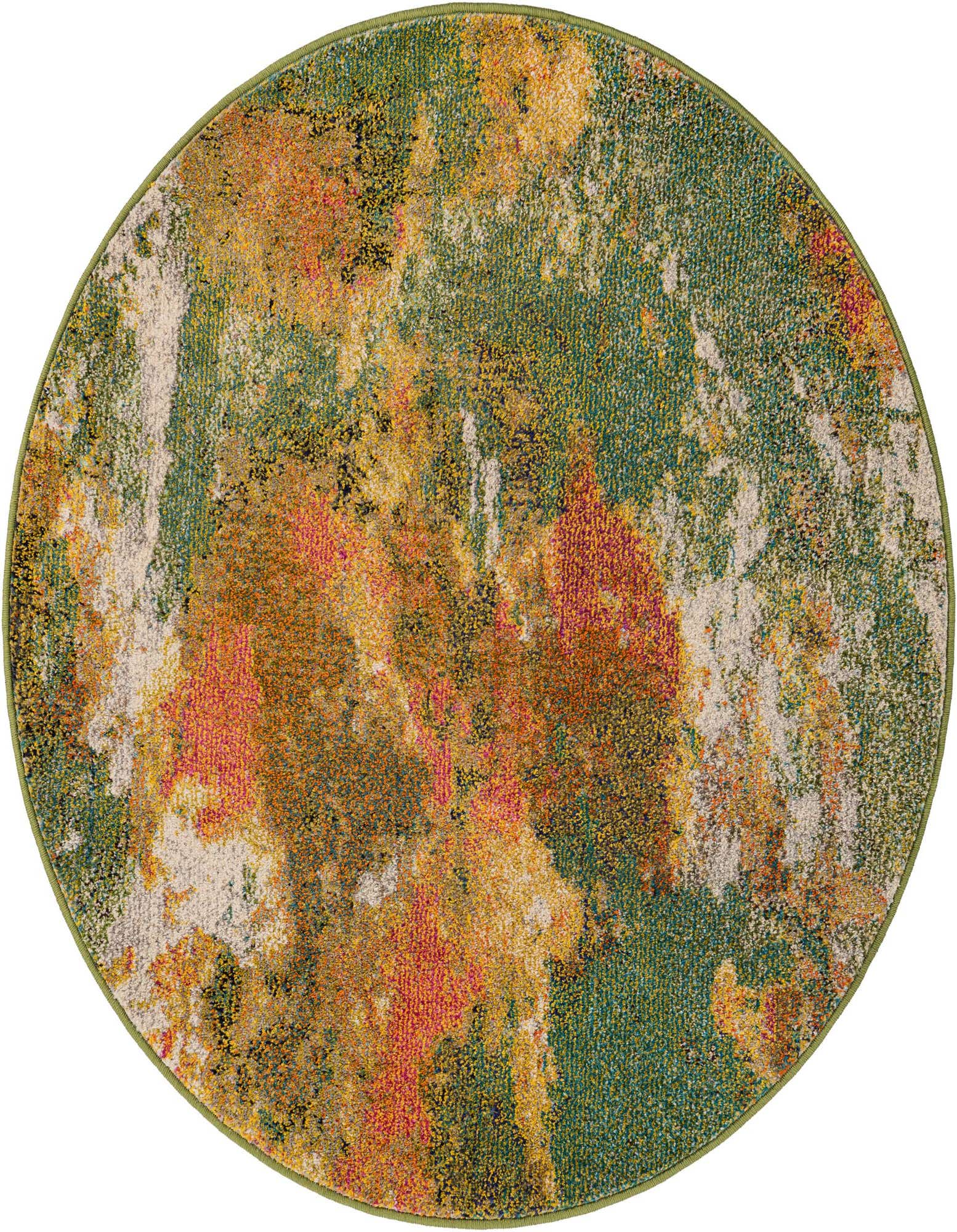 A 4' round Haerfest rug with a modern abstract medallion pattern in shades of green, orange, yellow, and cream.