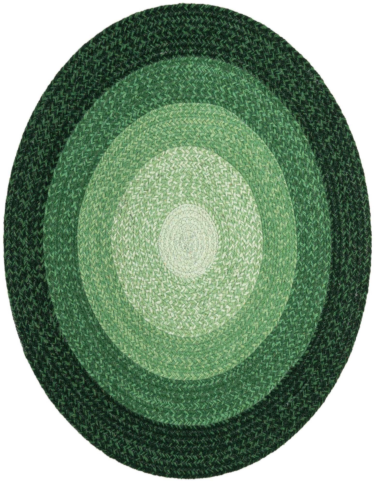 A 3' 1 x 3' 1 round green braided wool rug with concentric circles of varying green shades, from light in the center to dark on the outer edge.