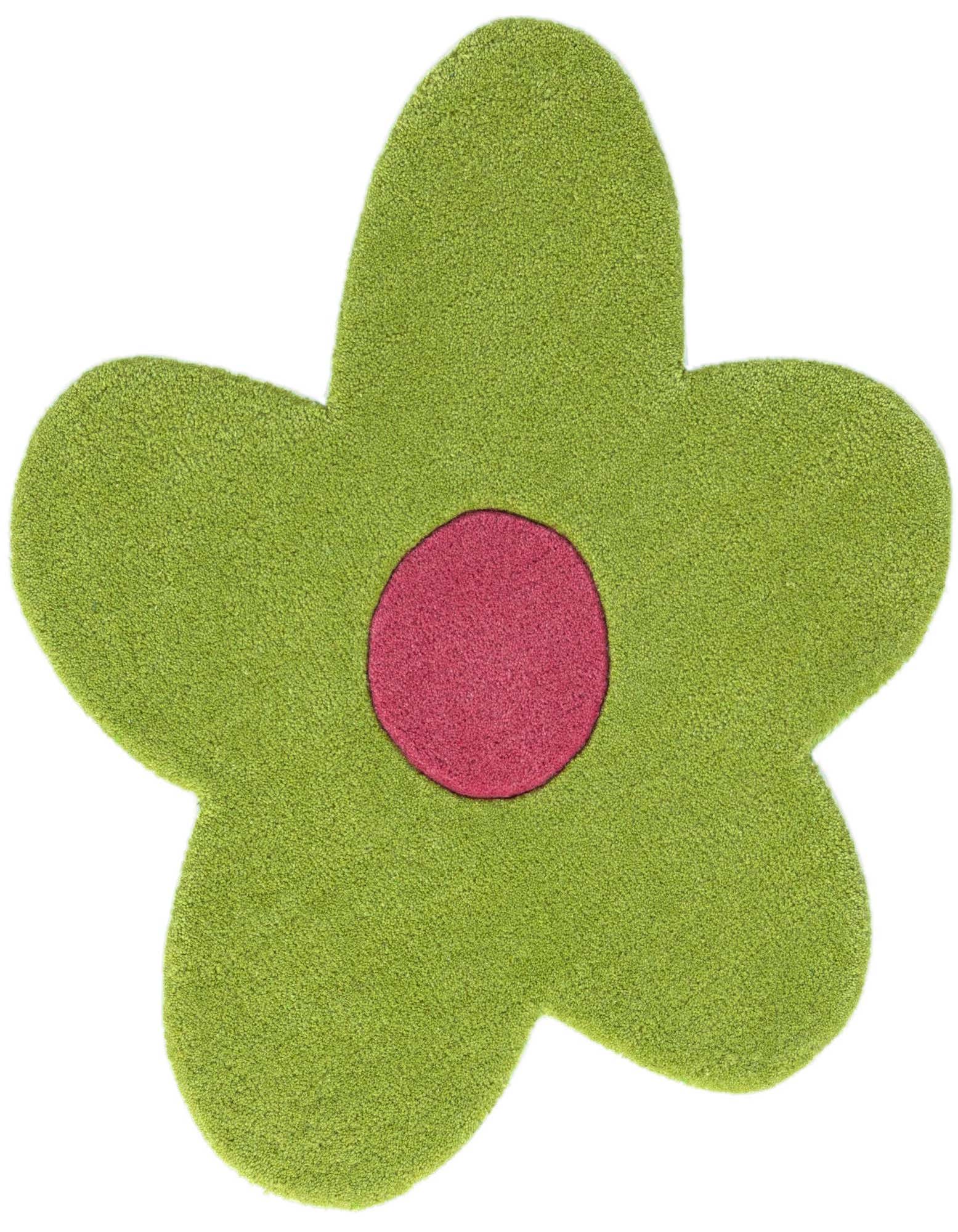 A vibrant green flower-shaped rug with five petals and a bright pink circular center, made from plush wool.