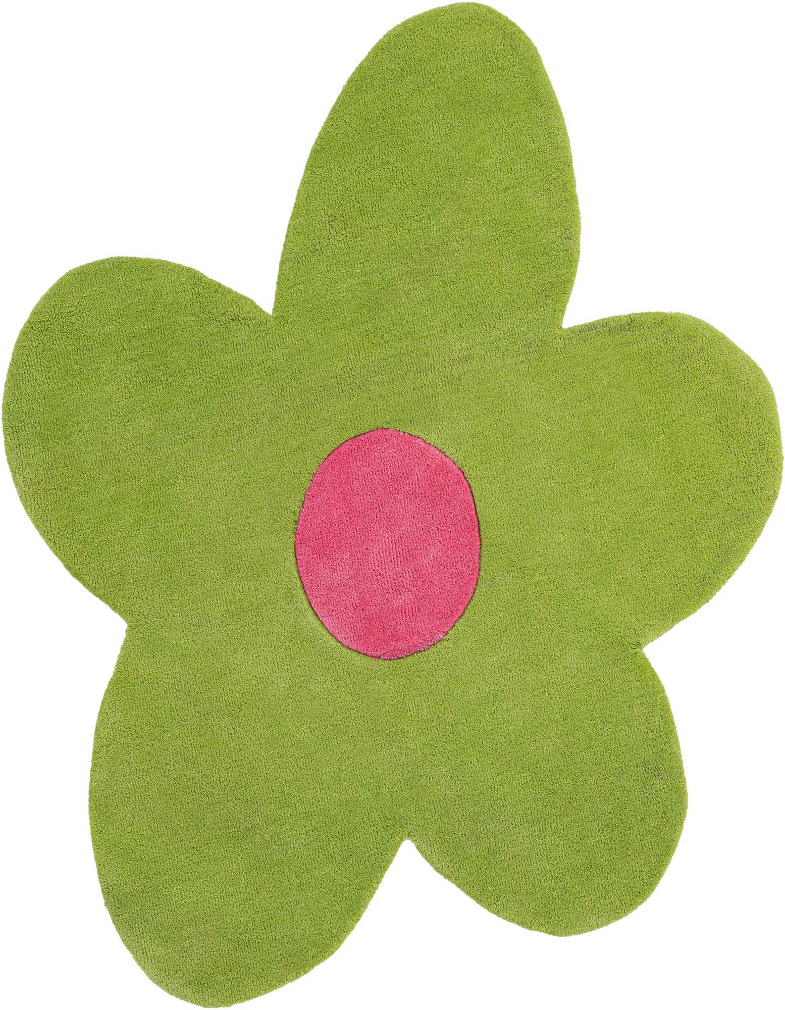 A vibrant green flower-shaped rug with a bright pink circular center, made from soft, high-pile wool.