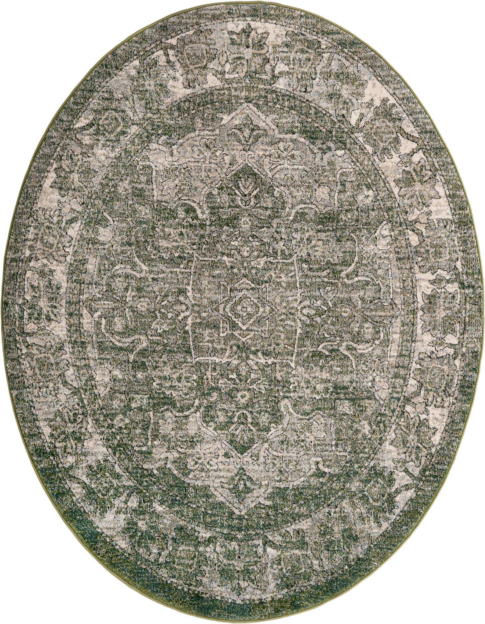 A 6' round green and beige traditional medallion rug with a vintage distressed look, featuring a high-low textured pile.