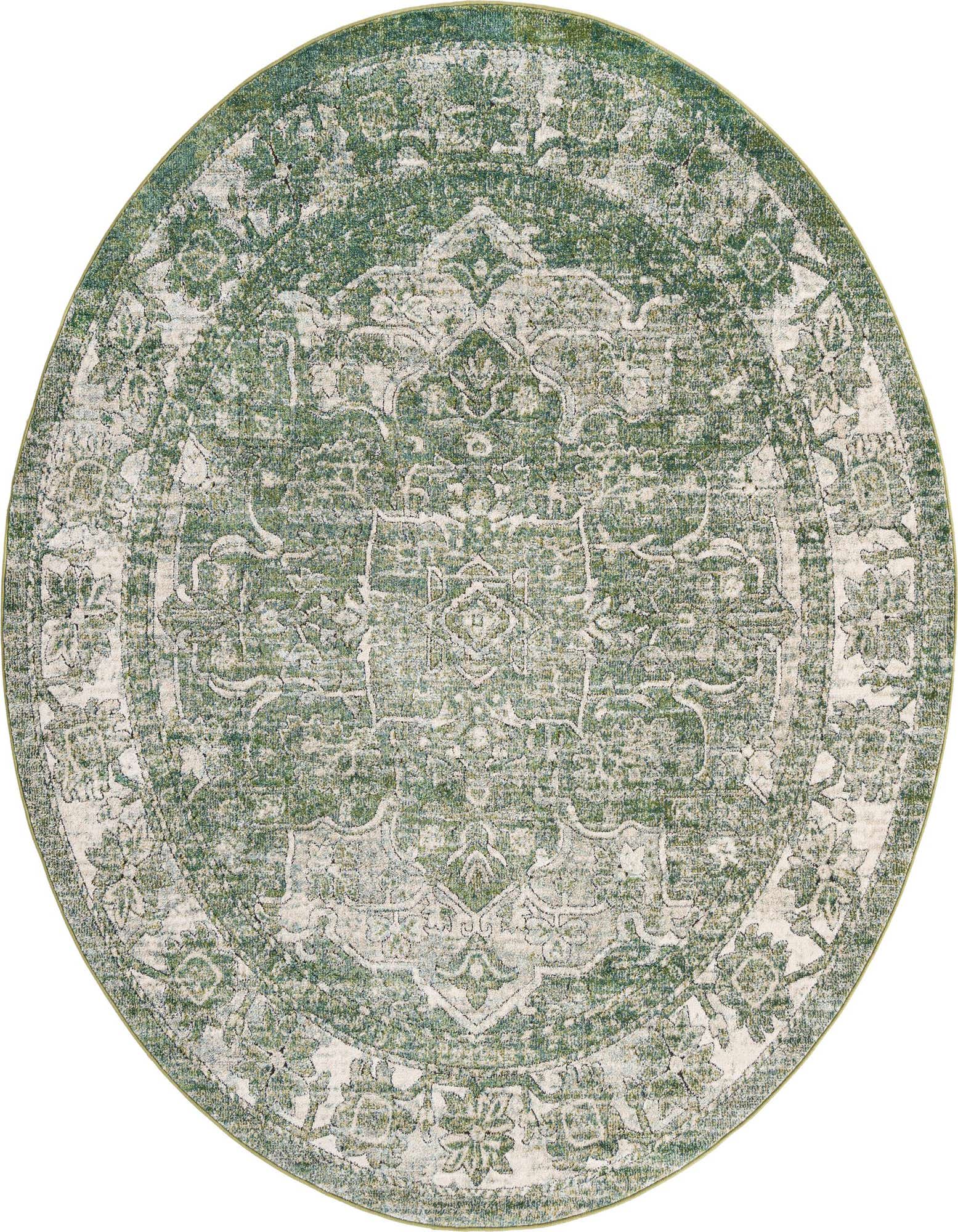 A 7' 10 round green and ivory traditional medallion rug with a vintage, distressed look.