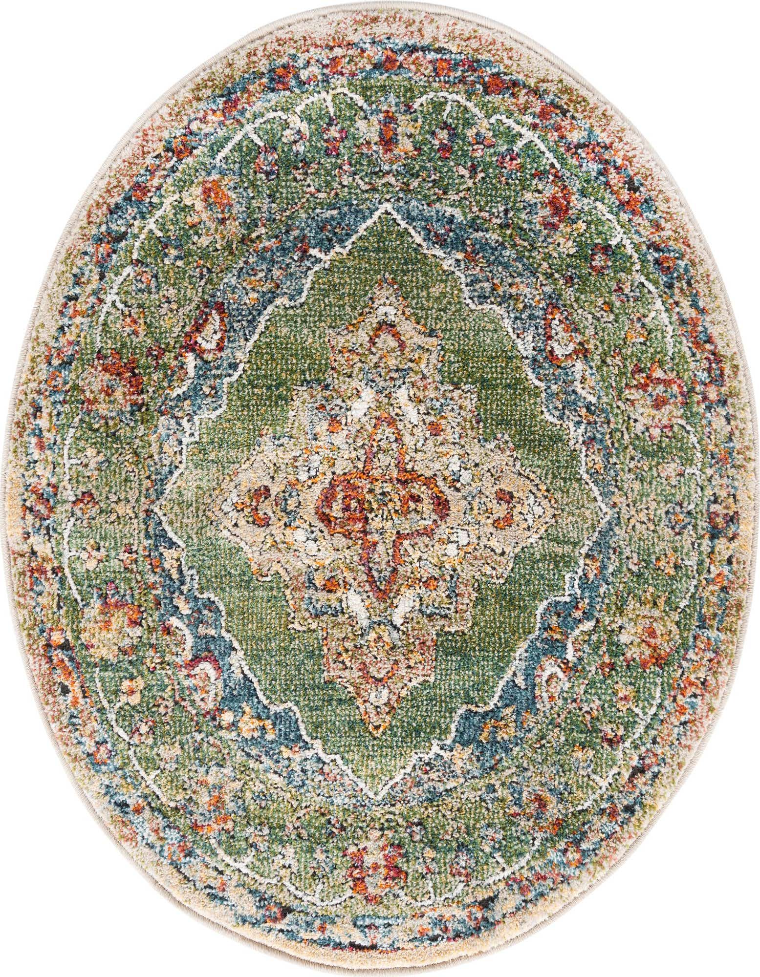 A 3' 3 x 3' 3 round Isabella rug featuring a distressed green, blue, and orange traditional medallion pattern.