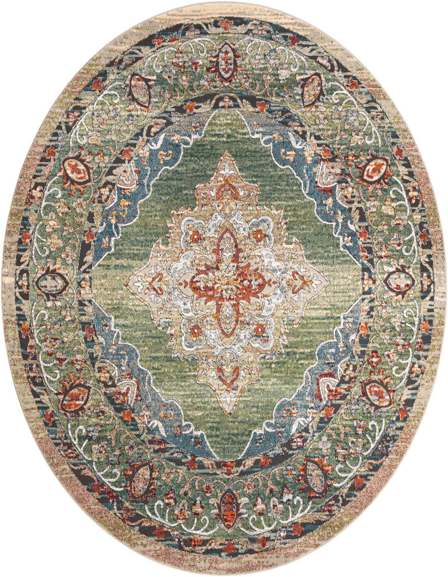 A 10-foot round Isabella collection rug from Rugs.com, featuring a distressed traditional medallion pattern in shades of green, rust, and blue.