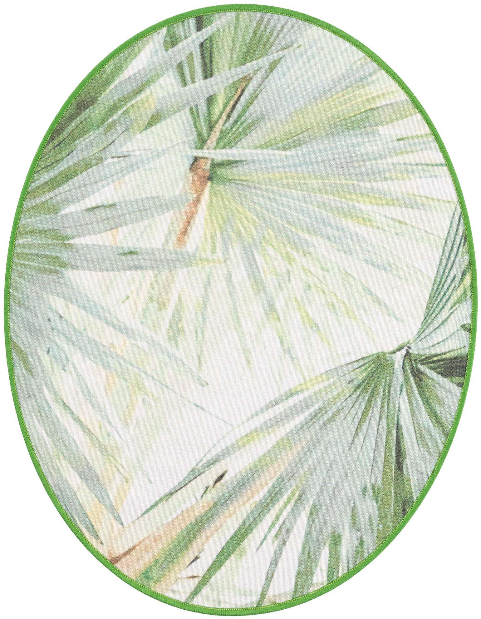 A round green tropical rug with a vibrant palm frond pattern, featuring light and dark green leaves on a white background, edged with a bright green border.