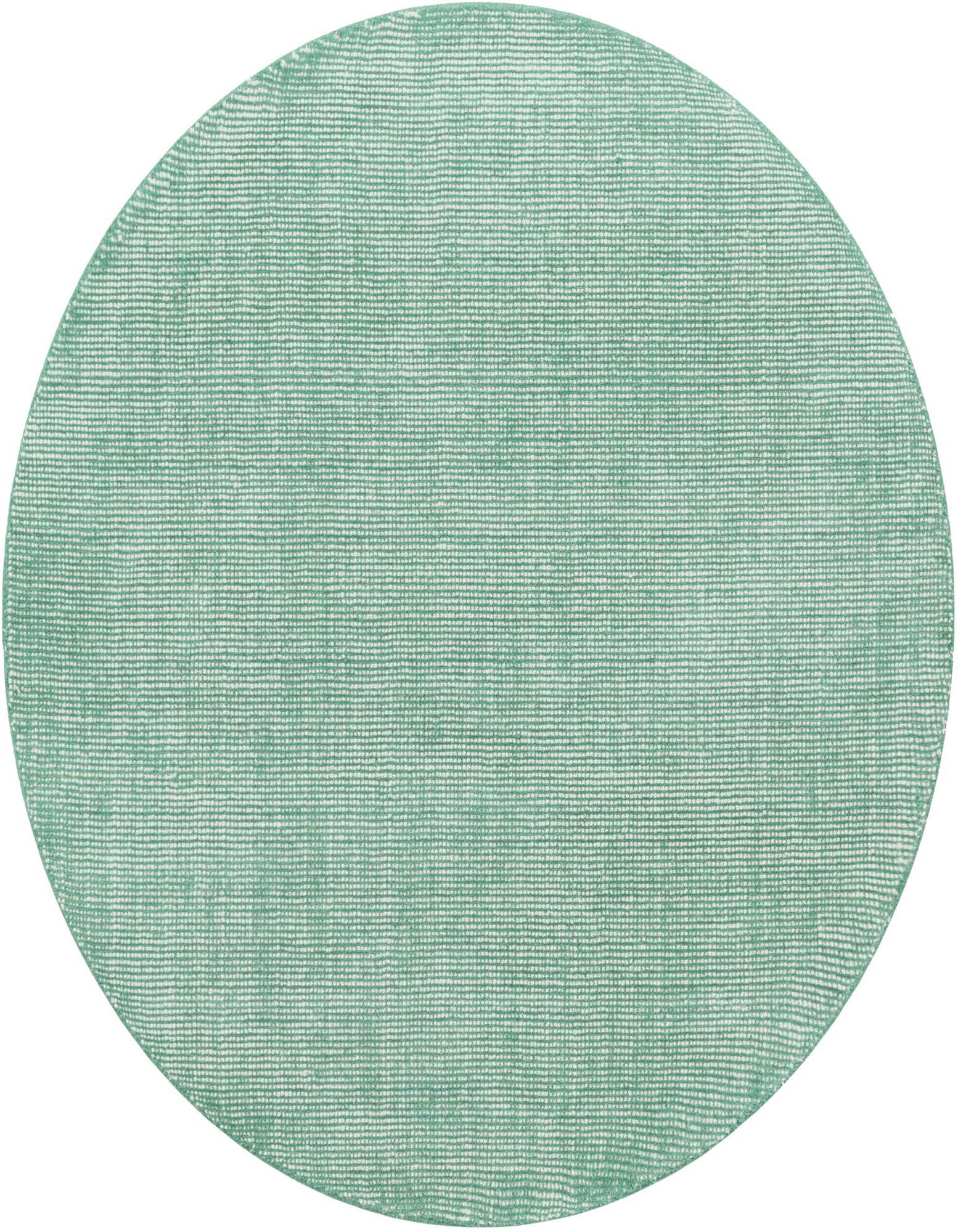A 5' 3 round green modern area rug with a subtle textured pattern, made from wool.