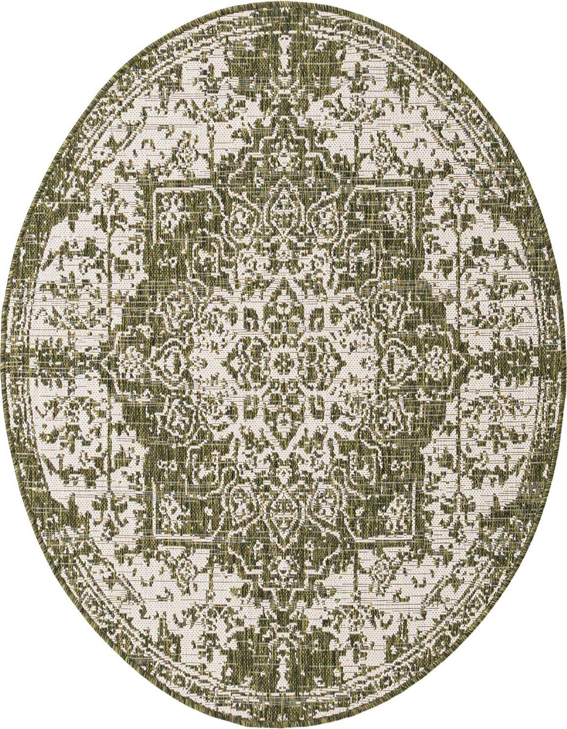 A 4' round green and cream Mediterranean medallion rug with a textured flatweave, suitable for indoor or outdoor use.