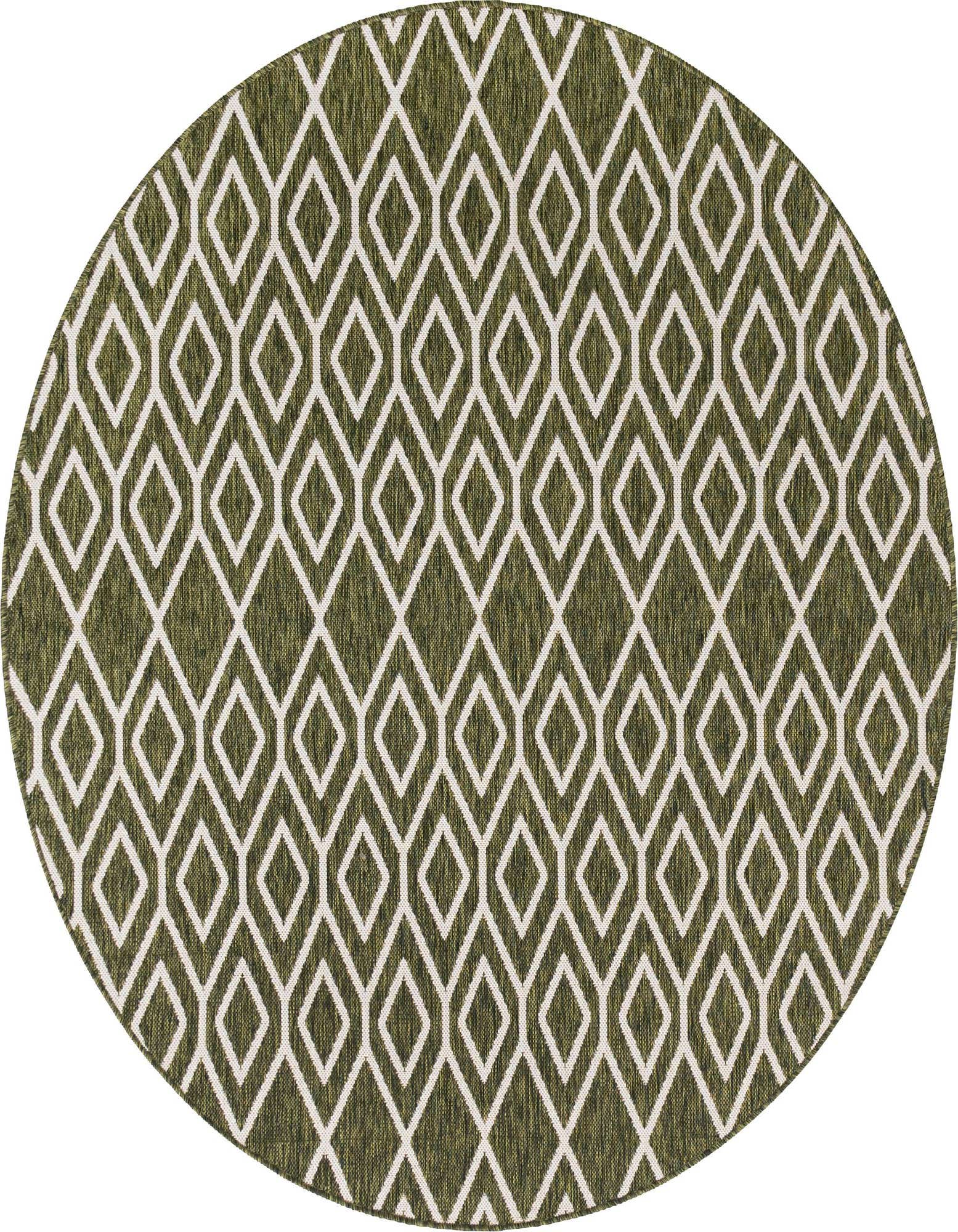 A 6' 7 round green indoor/outdoor rug with a white repeating geometric trellis pattern, suitable for a patio.