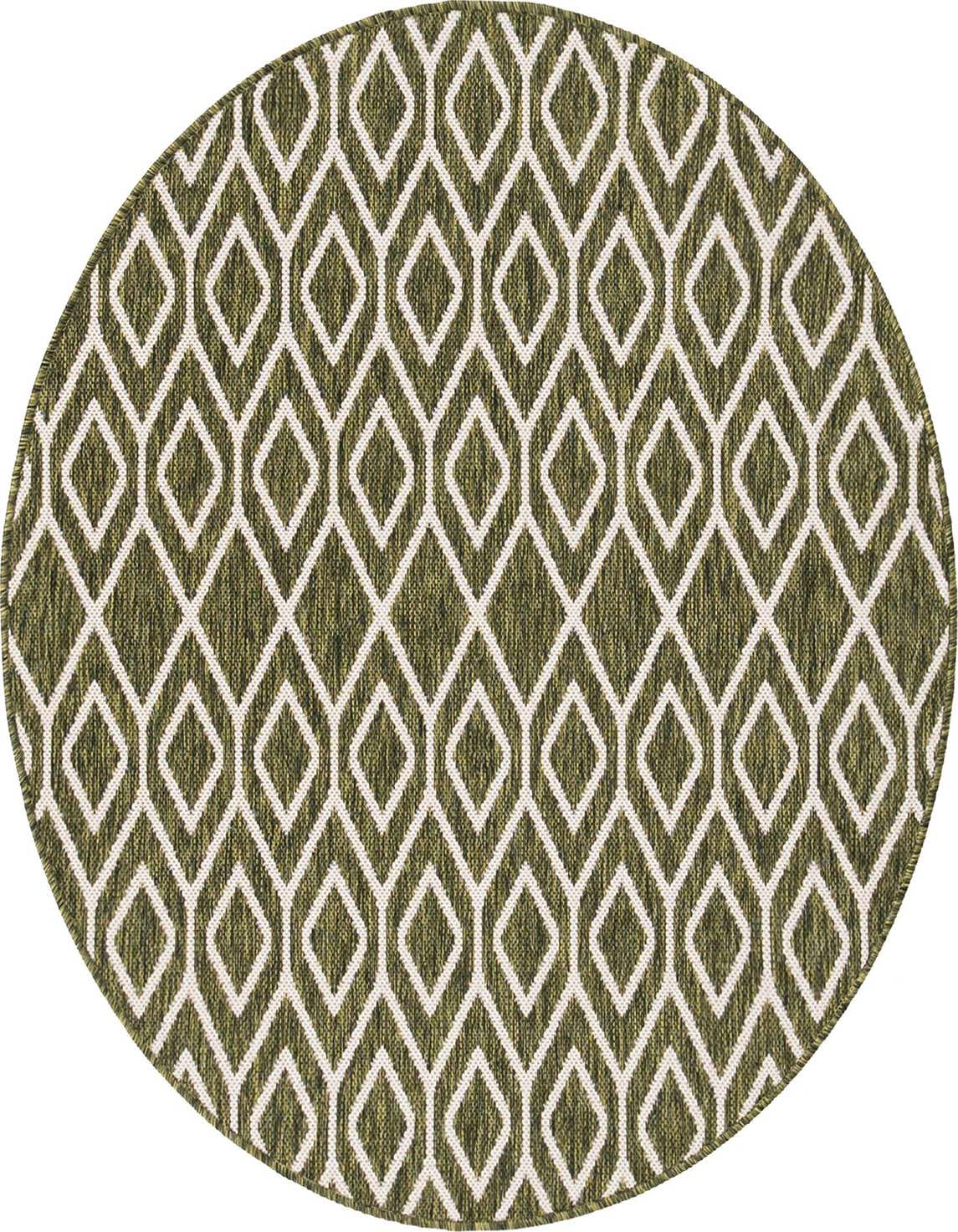 A 4' round green and white outdoor rug with a modern trellis pattern, suitable for a patio.