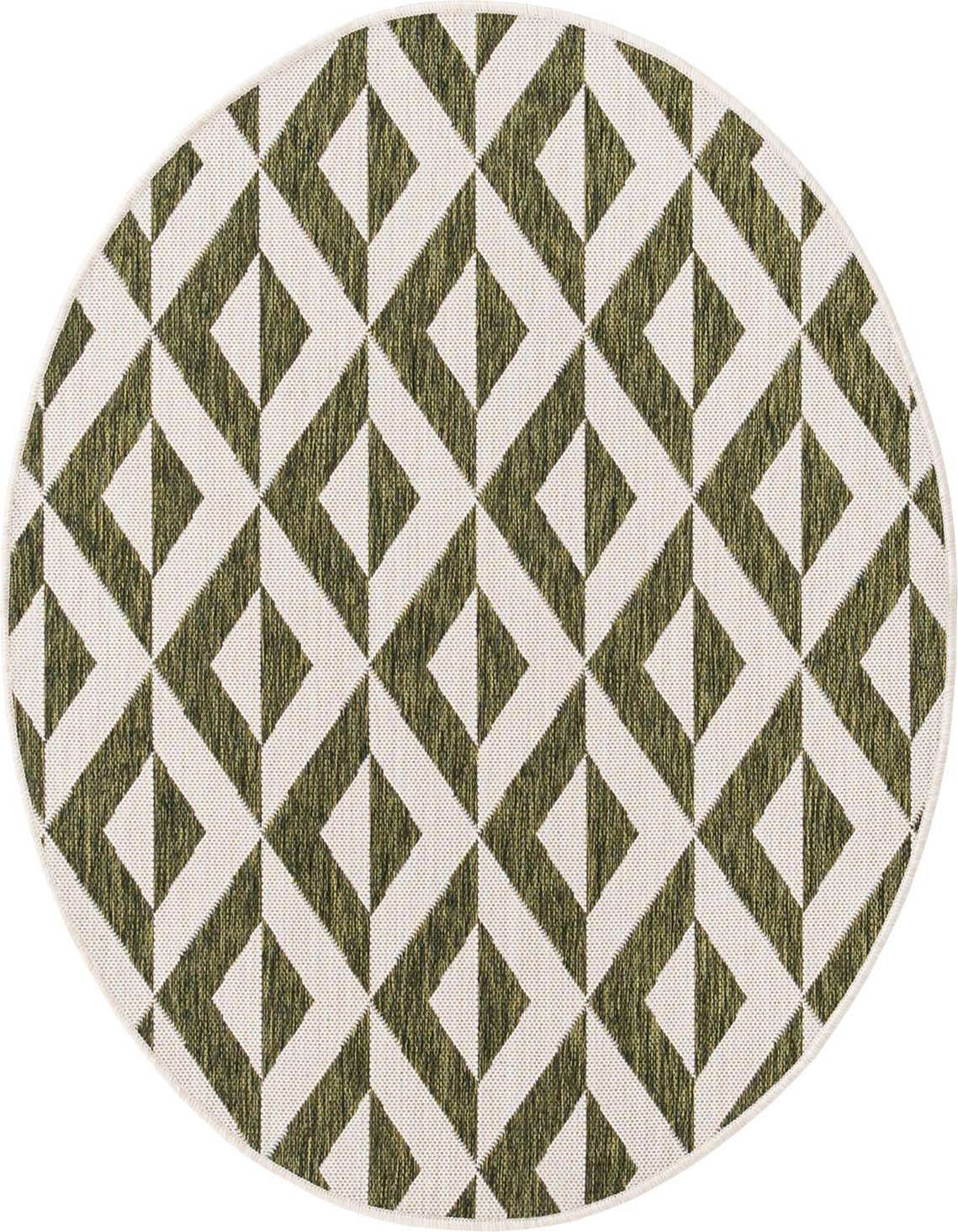 A 4' round green and off-white Bohemian trellis rug with a textured geometric pattern, suitable for indoor or outdoor use.