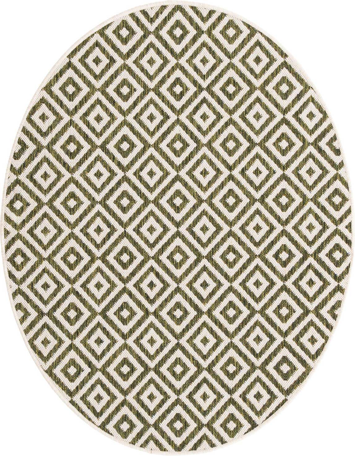A 4' round green and white Bohemian trellis rug, suitable for indoor or outdoor use.