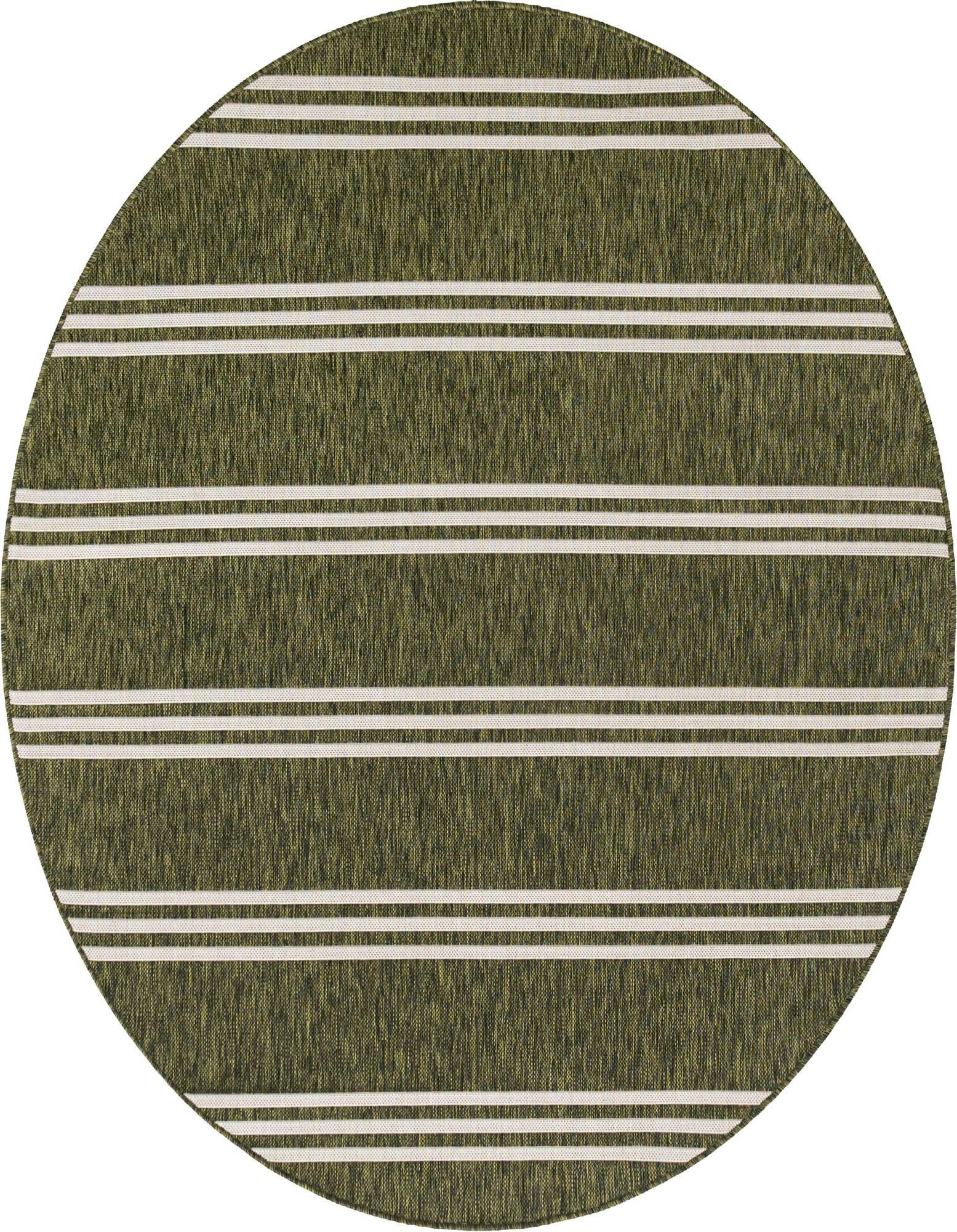 A round green and white striped indoor/outdoor rug with a textured flatweave, suitable for a patio.