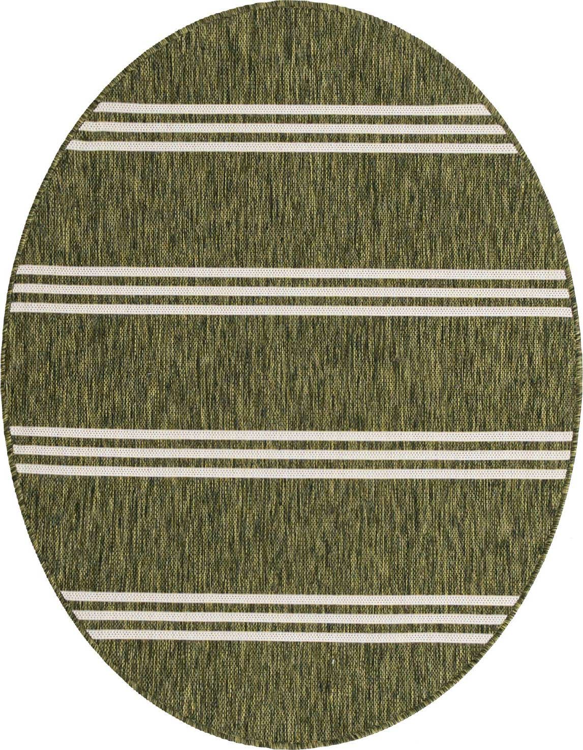A 4' round green indoor/outdoor rug with horizontal white stripes, ideal for a patio or deck.
