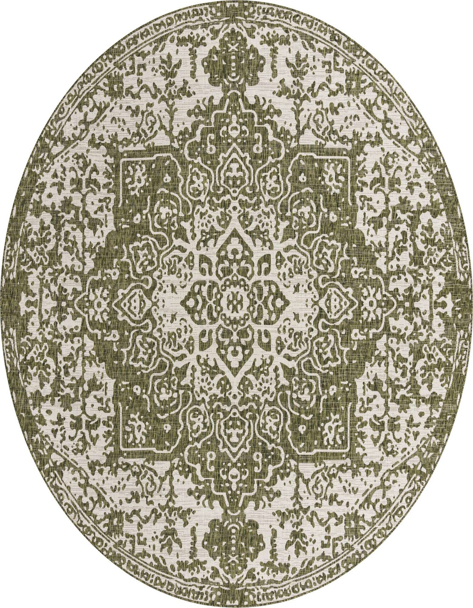 A round 10' 8 x 10' 8 green and cream medallion rug with a traditional pattern, suitable for indoor or outdoor use.