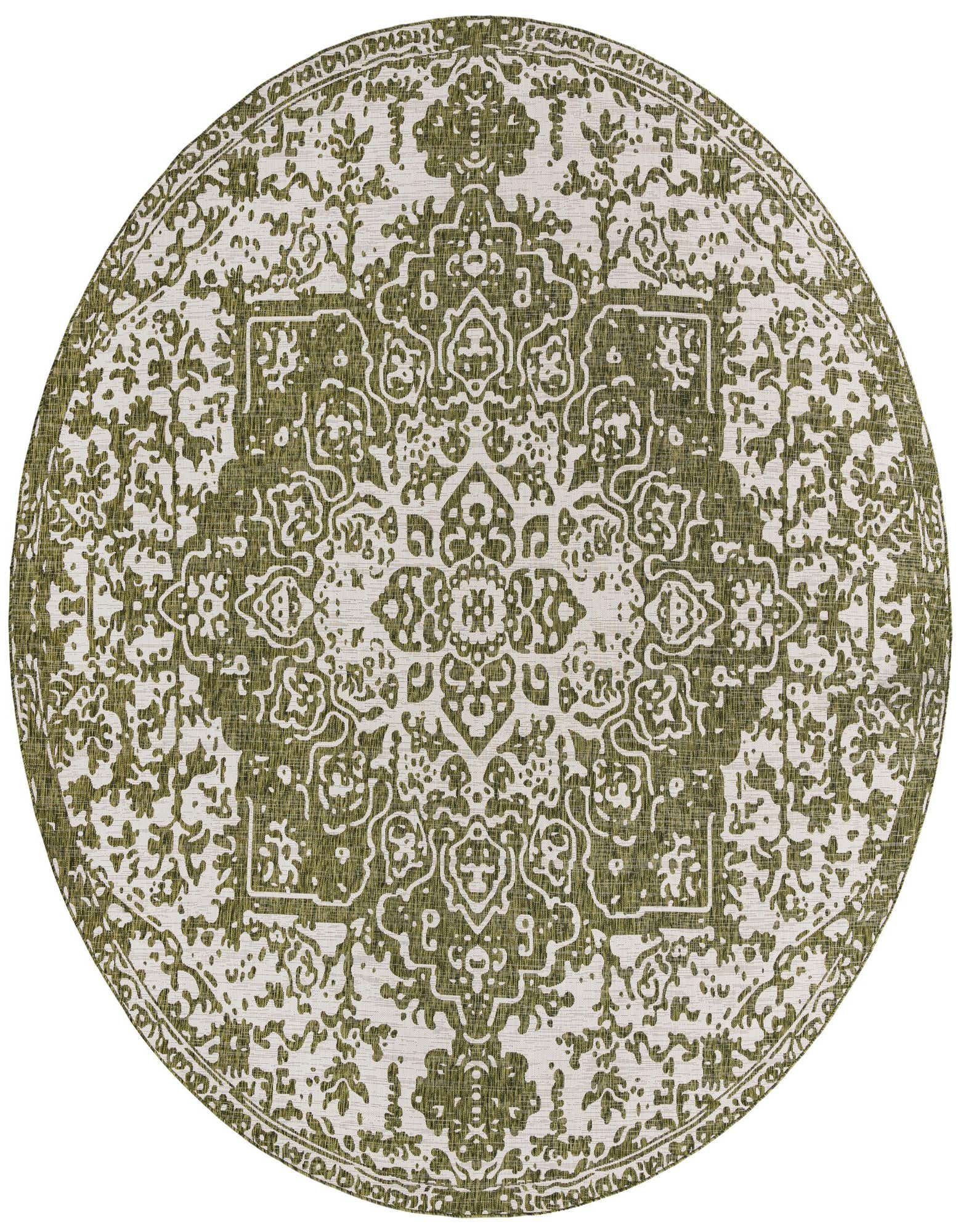 A 13-foot round green and white outdoor rug with a traditional medallion pattern, ideal for a patio.