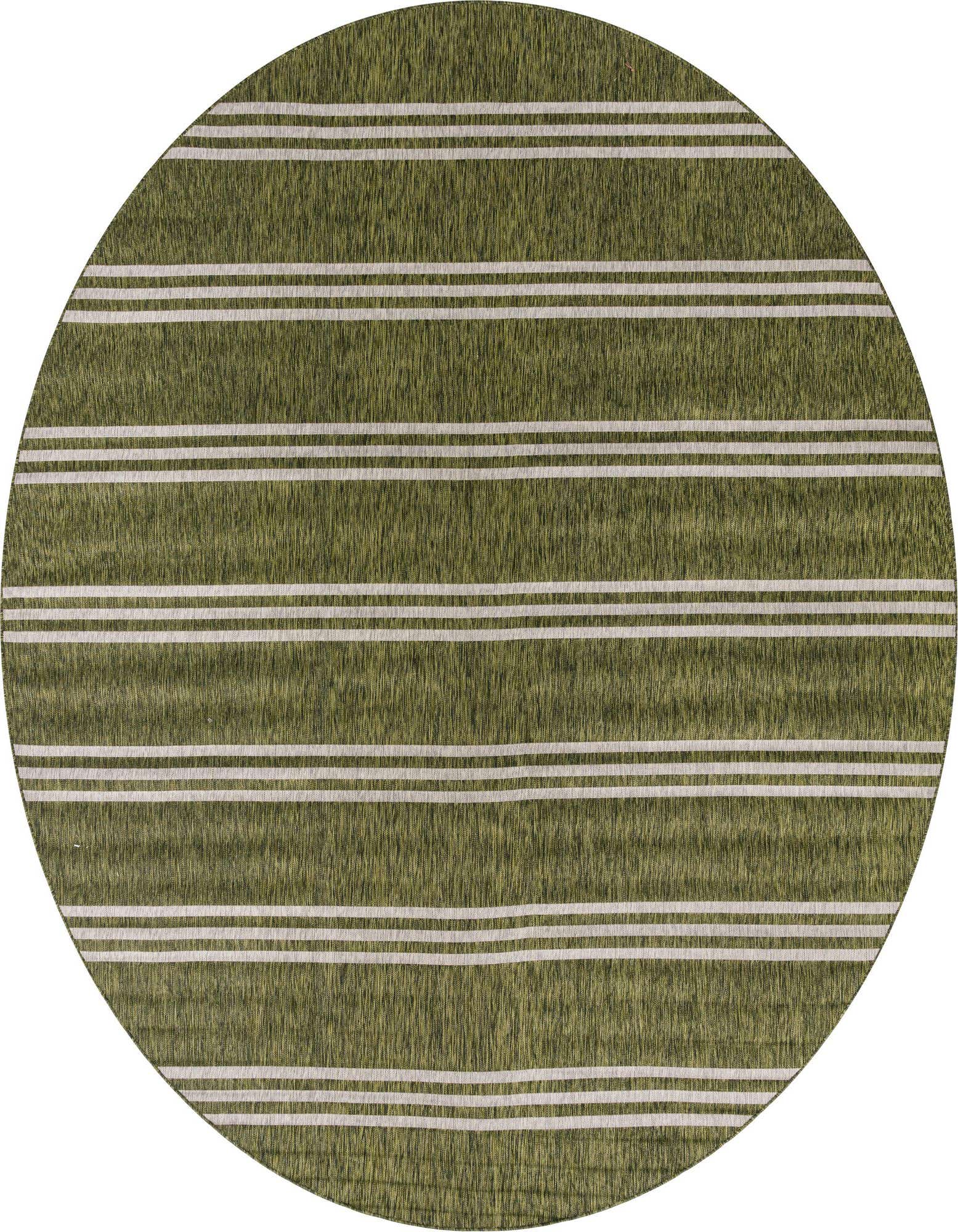 A 13' round green indoor/outdoor rug with horizontal white stripes, ideal for a patio or deck.