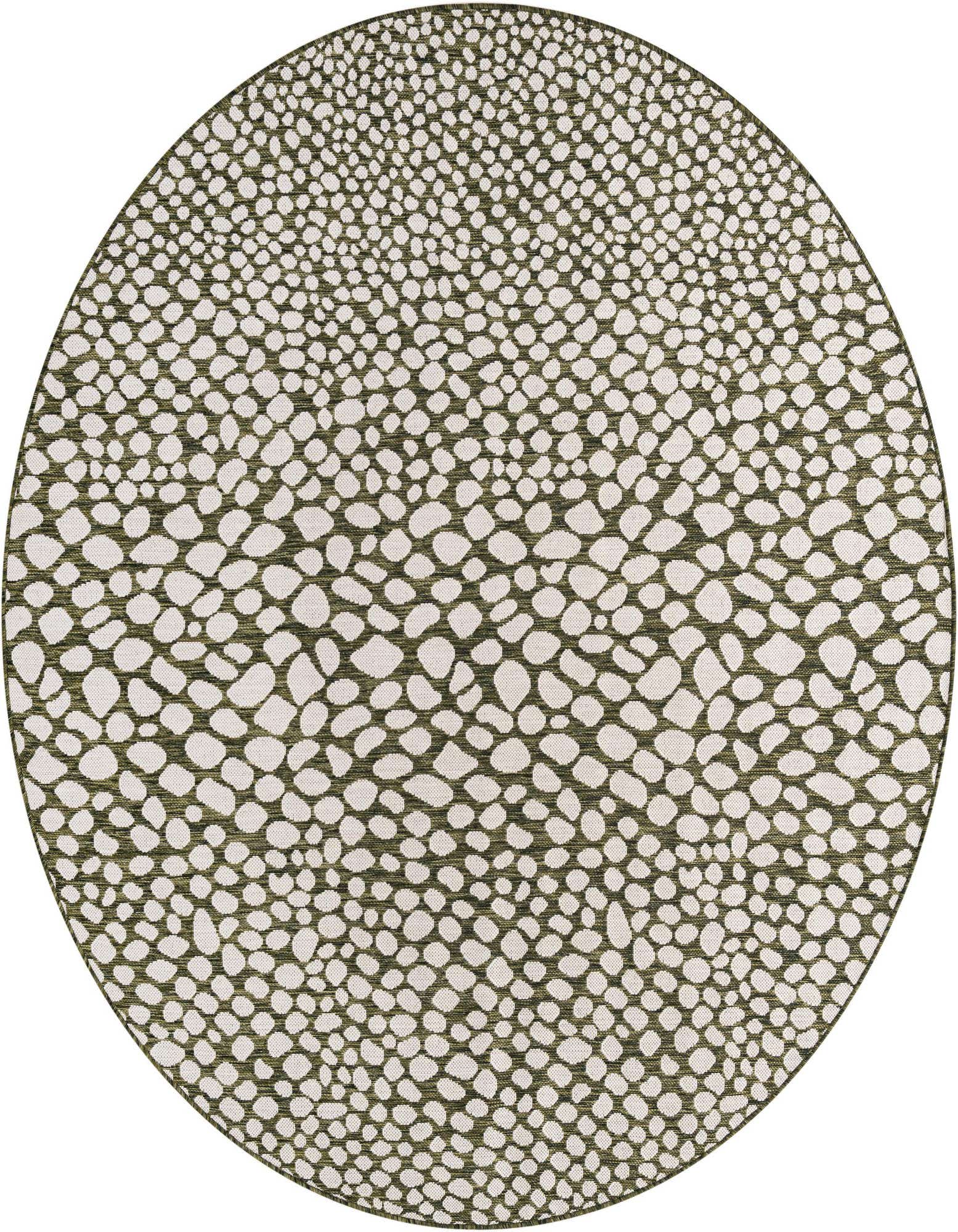 A 7' round green and white modern abstract rug with a pebble-like pattern, suitable for indoor or outdoor use.
