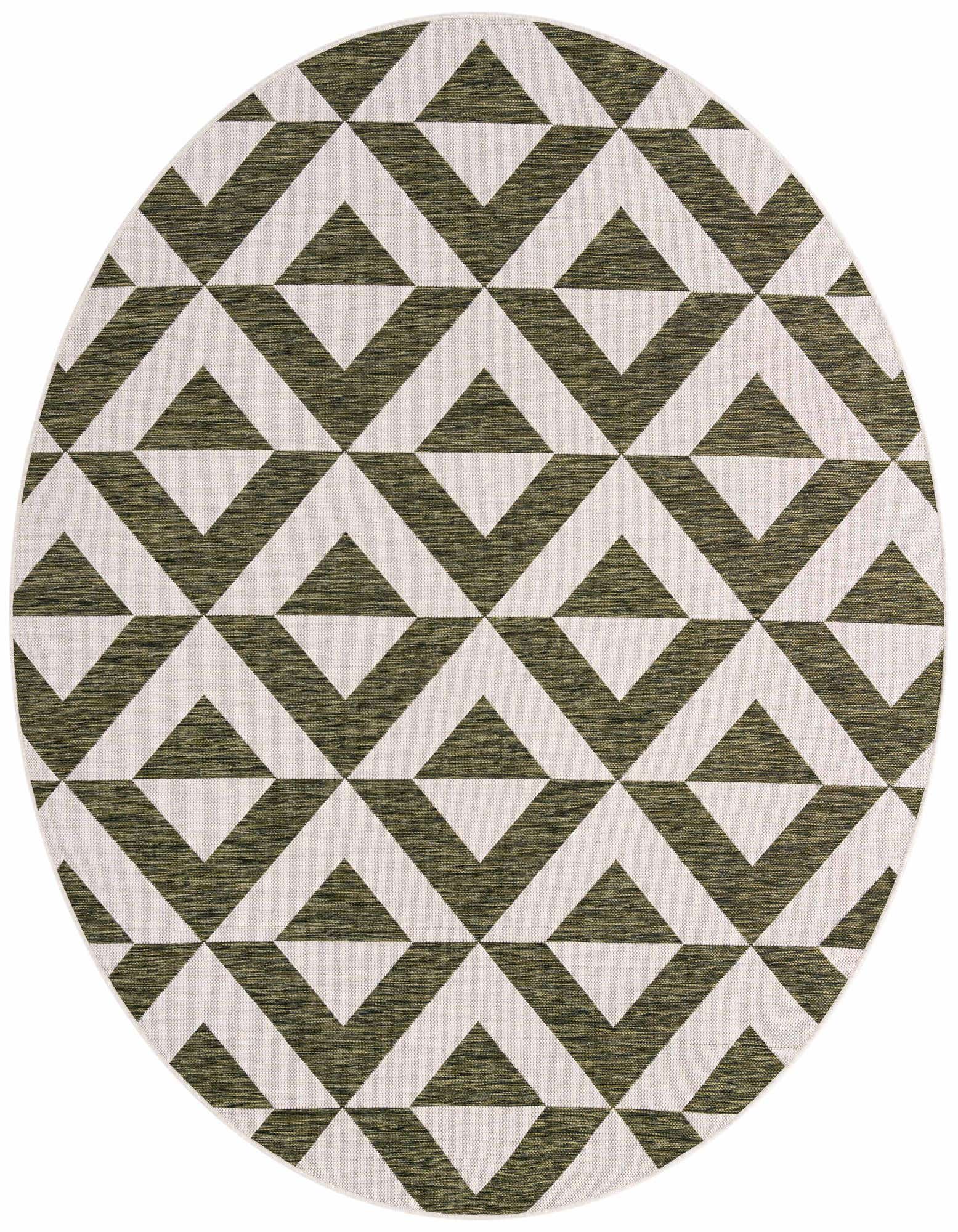 A round 7' 0 x 7' 0 Jill Zarin Outdoor rug featuring a modern trellis pattern in green and white, suitable for indoor or outdoor use.