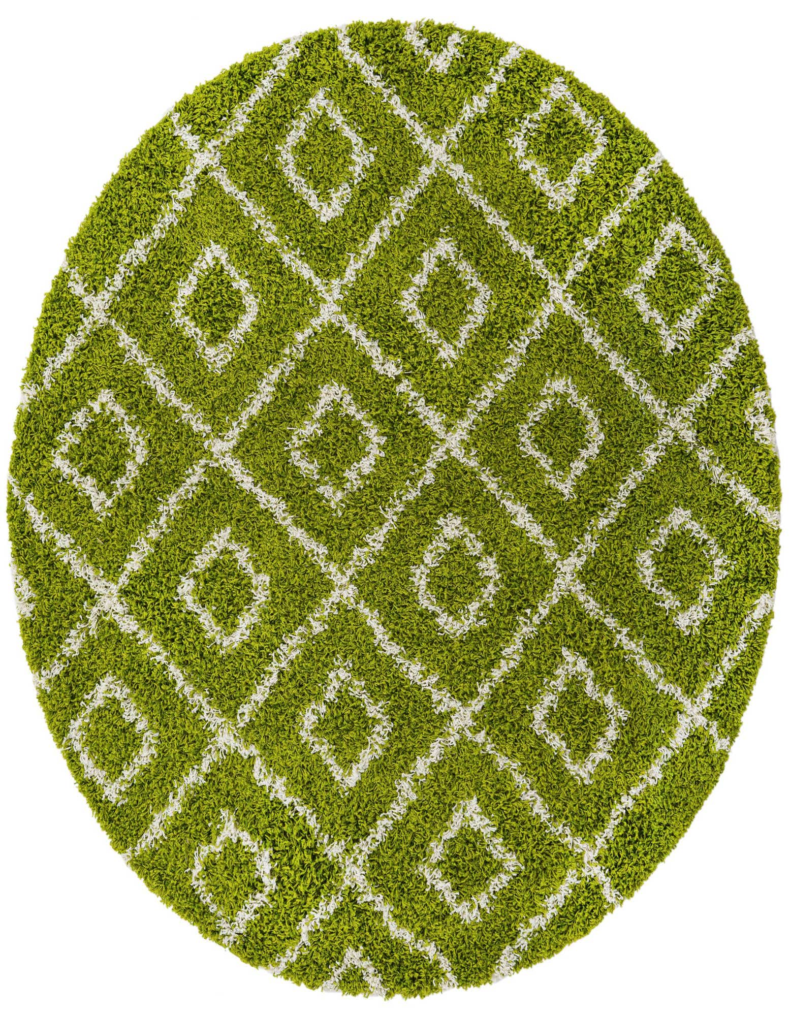 A vibrant green round shag rug with a white modern trellis pattern, featuring a high-low textured pile.