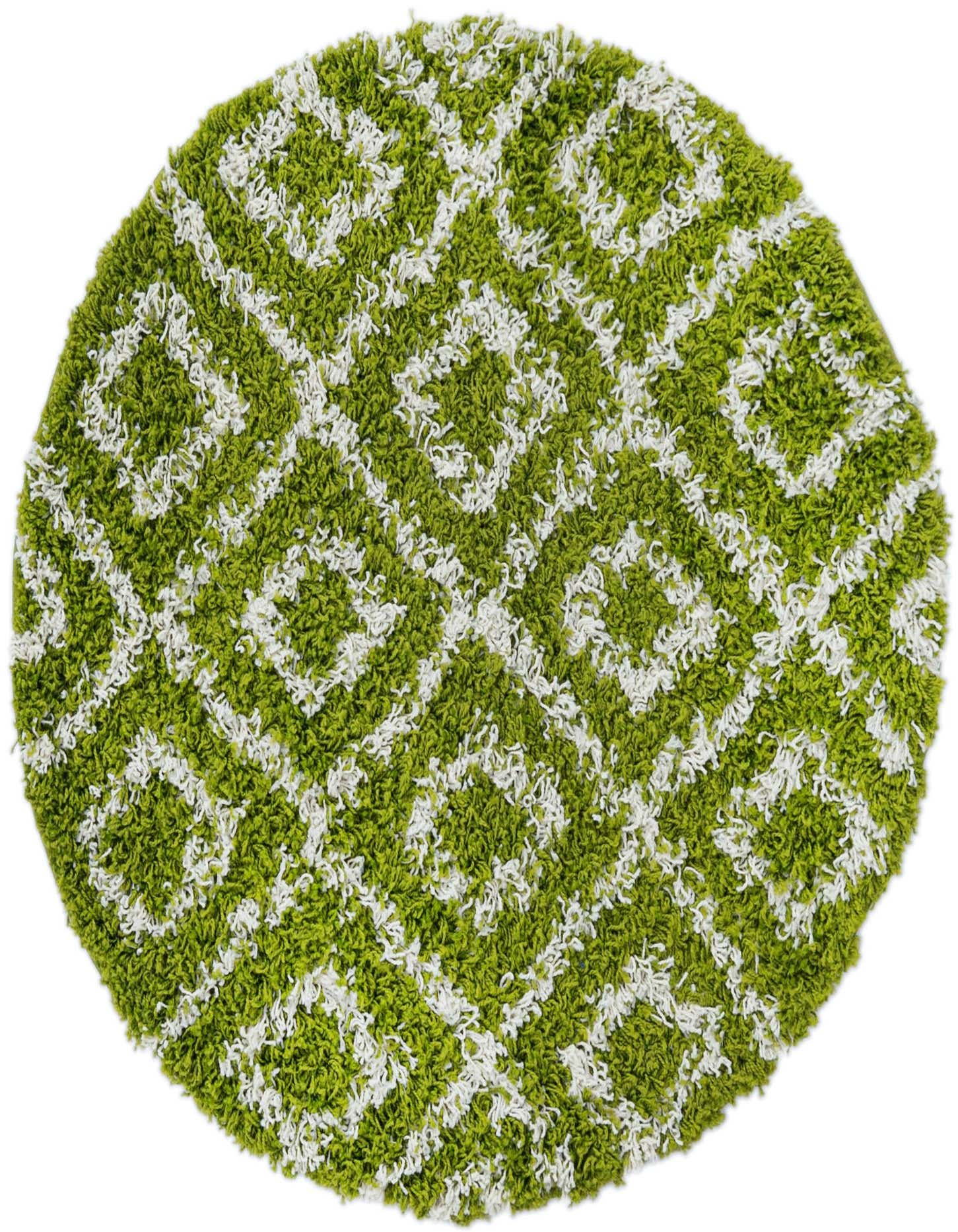 A 3' 3 x 3' 3 round green and white shag rug with a modern lattice pattern, featuring a textured high/low pile.