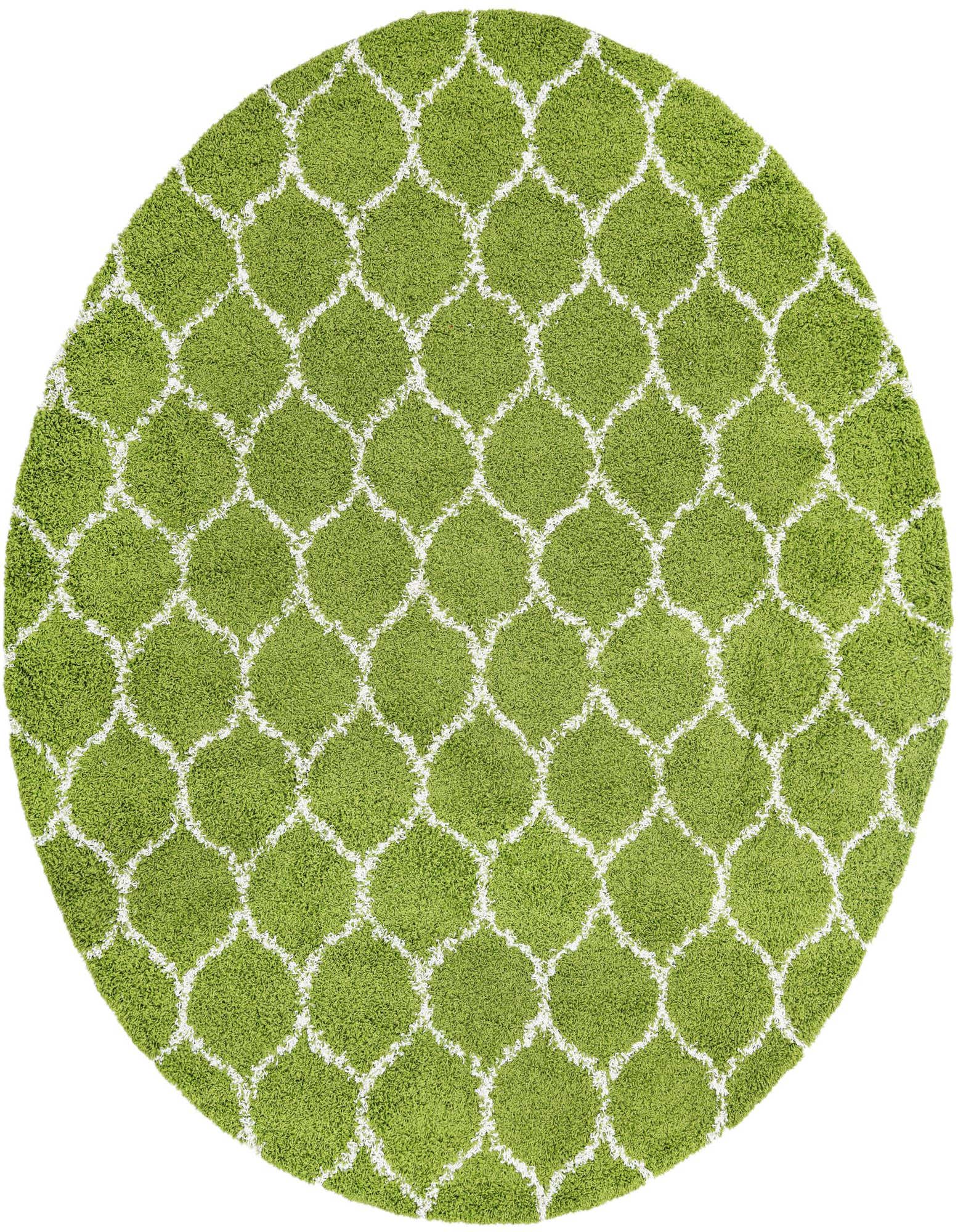 A 10-foot round green shag rug with a white modern lattice pattern, ideal for adding a vibrant touch to an indoor space.