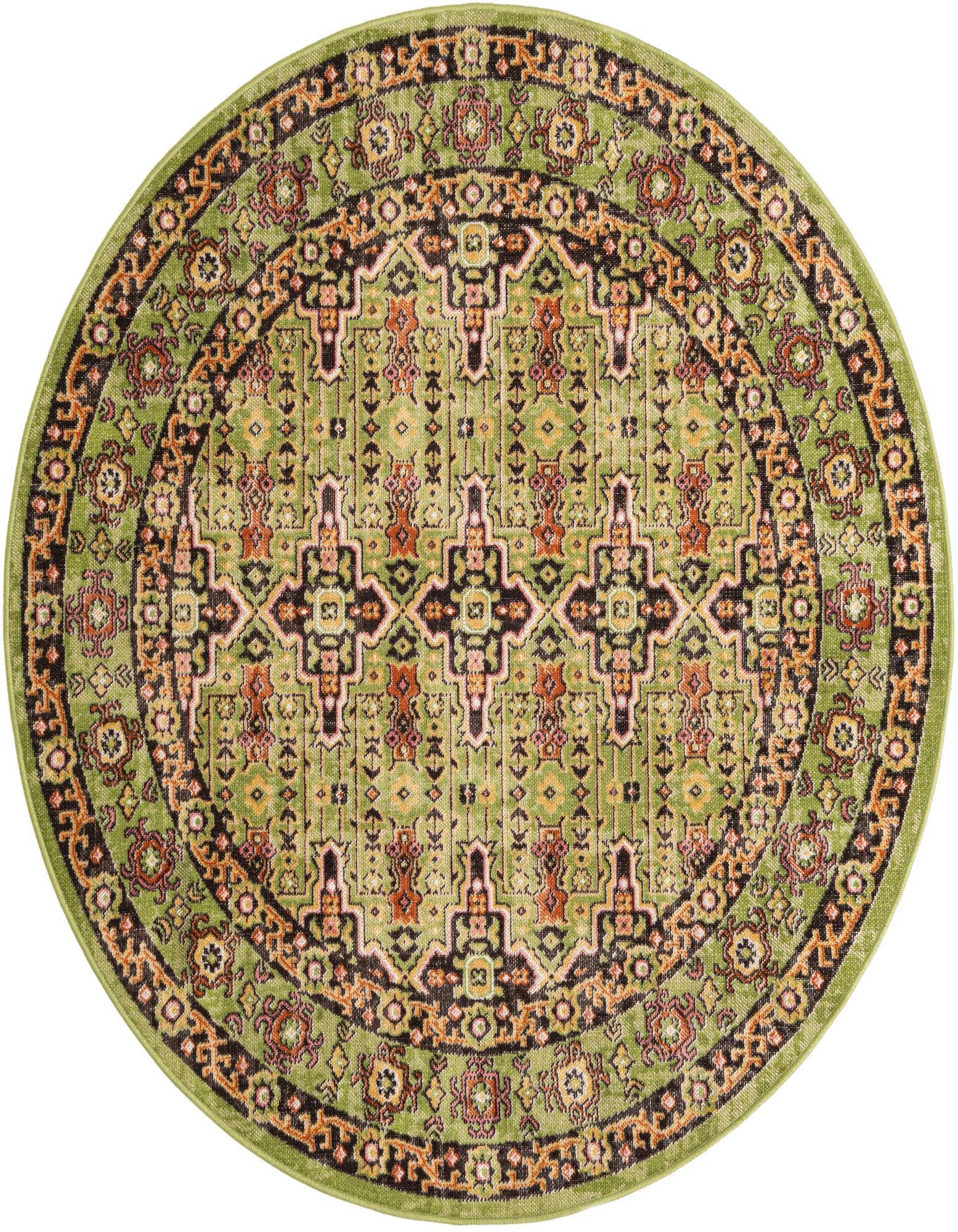 A 5' 3 round green Bohemian rug with a distressed traditional pattern in black, orange, and pink hues.