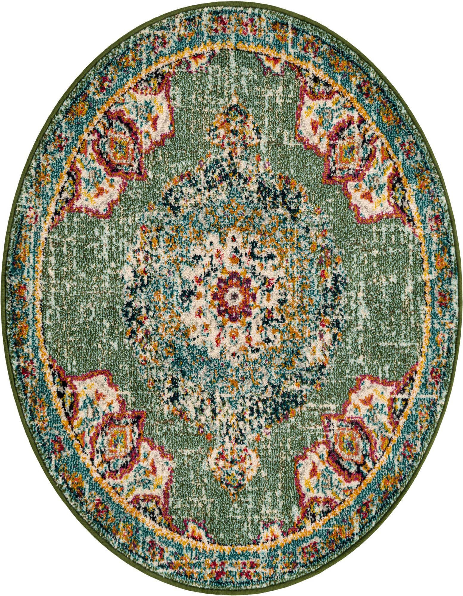 A 4' round green rug with a distressed traditional medallion pattern in cream, teal, red, and gold.