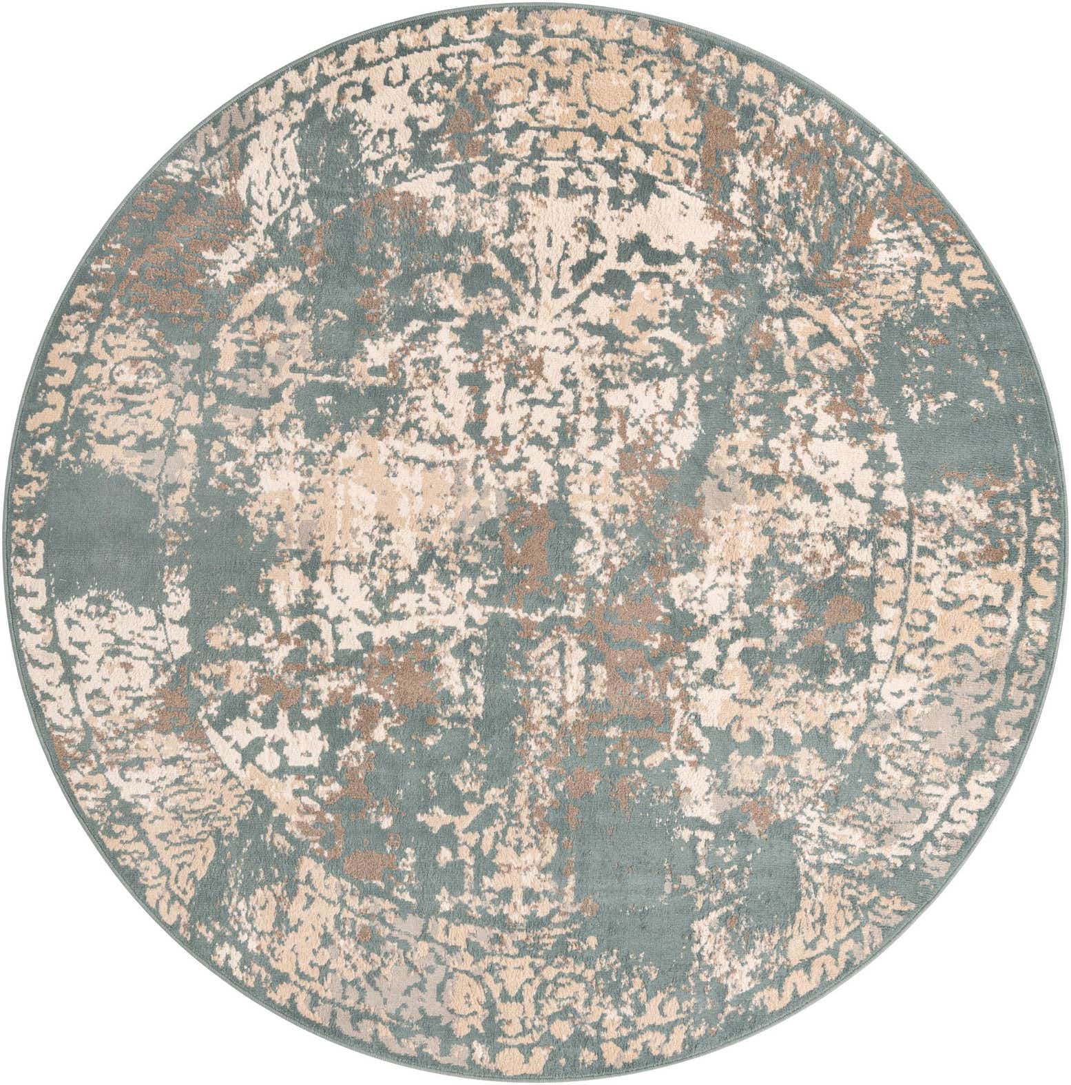A round 8' green, beige, and brown abstract traditional rug with a distressed pattern.