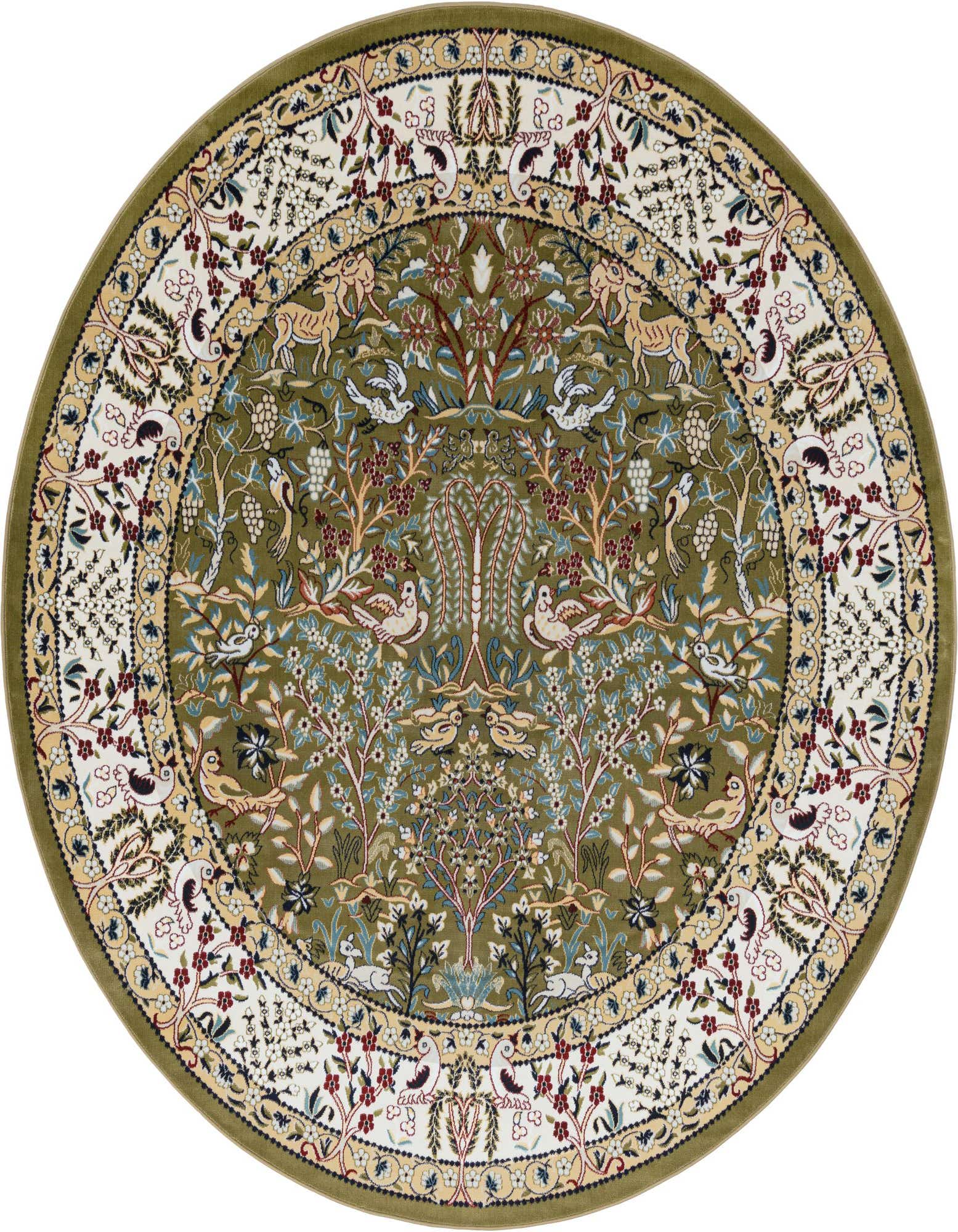 A round green rug with a detailed nature-inspired pattern featuring birds, deer, and intricate floral motifs, bordered by lighter cream and gold accents.