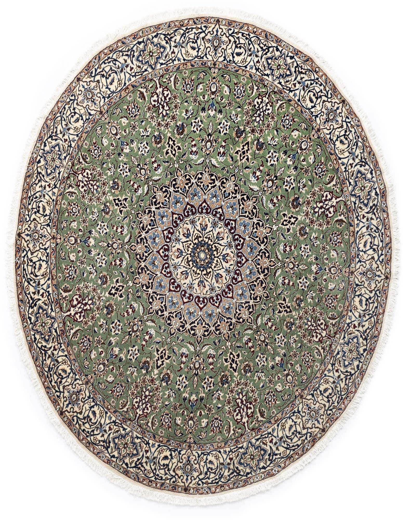 A round 8' 3 x 8' 4 green Persian rug with intricate floral patterns and a central medallion, featuring cream, blue, and maroon accents.