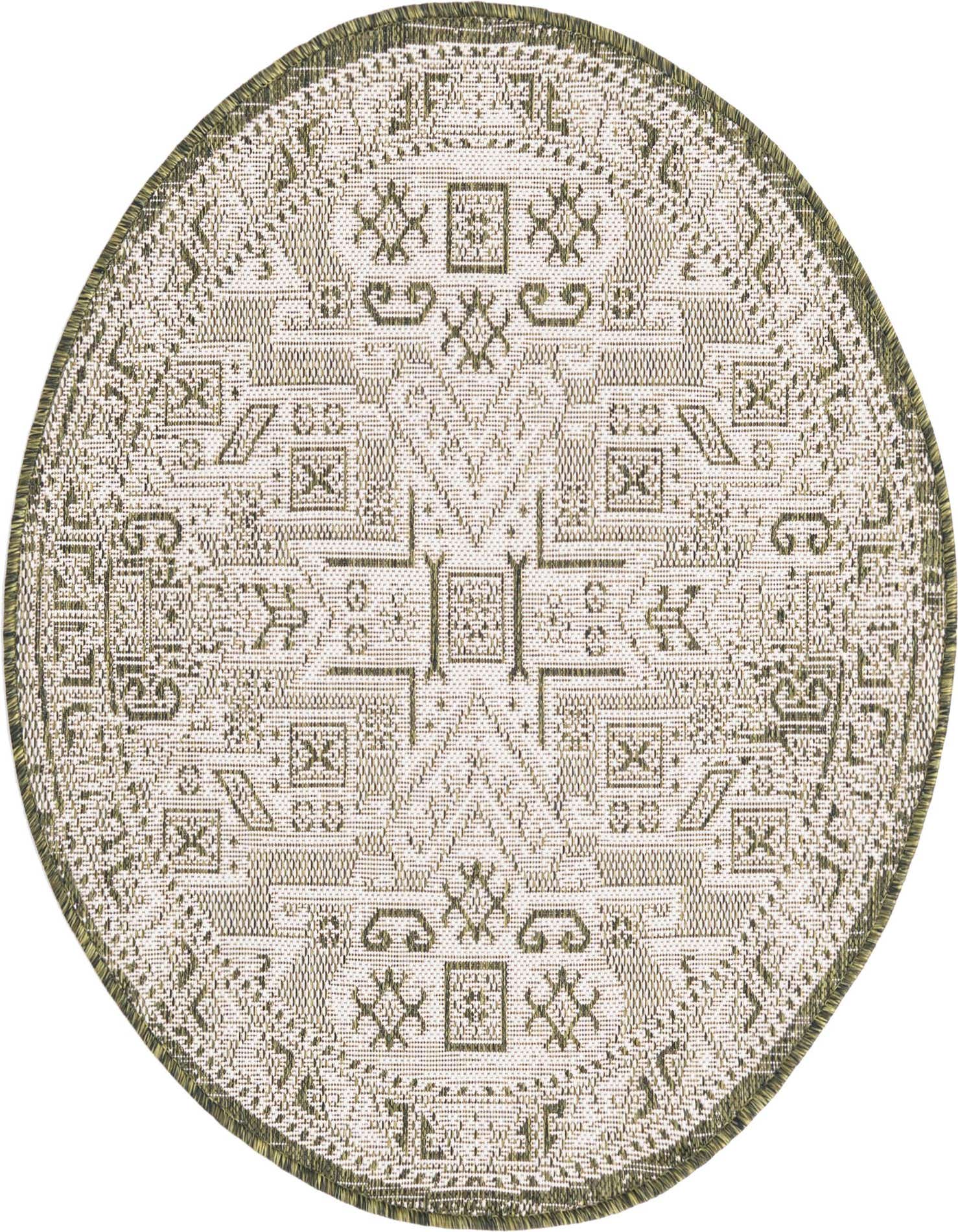 A 3' round green Southwestern rug with a detailed tribal pattern, suitable for indoor or outdoor use.