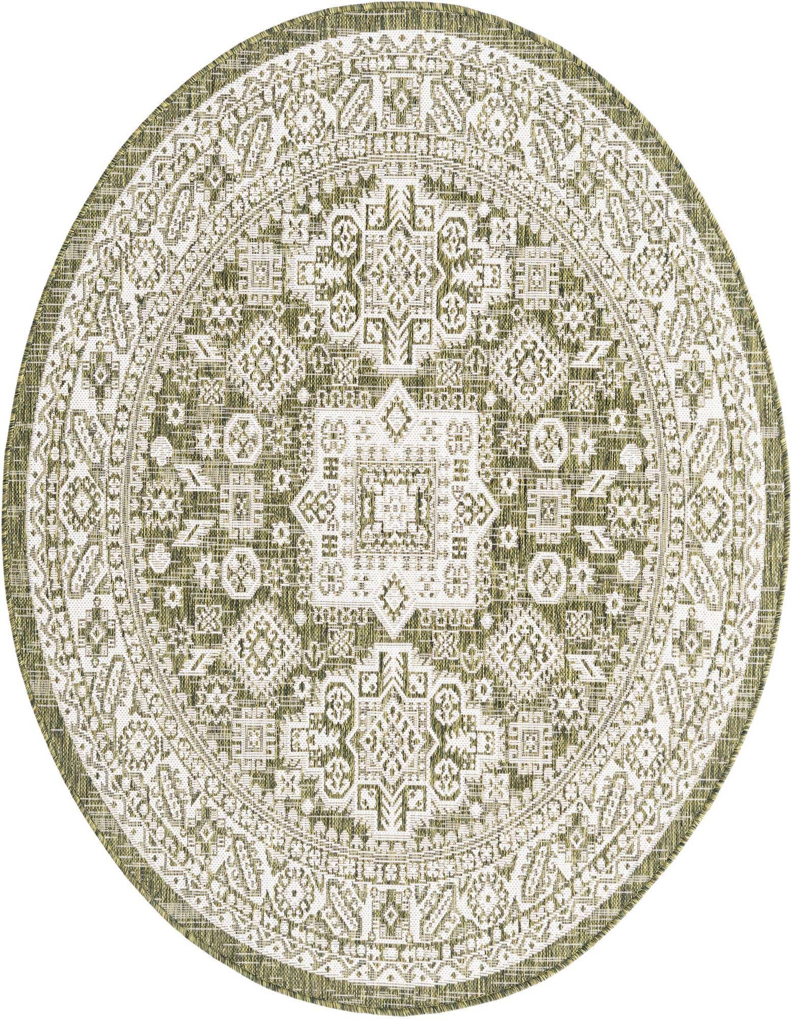 A 5' 3 round green and white Southwestern tribal rug with a detailed medallion pattern, suitable for indoor or outdoor use.