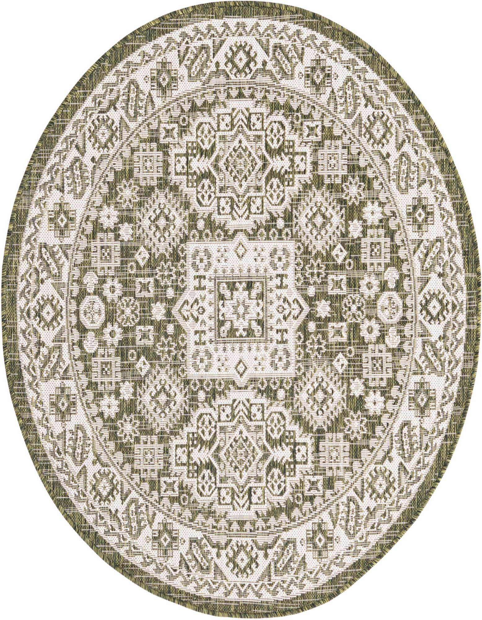 A 4' round green and white Southwestern flatweave rug with a detailed tribal pattern, suitable for indoor or outdoor use.