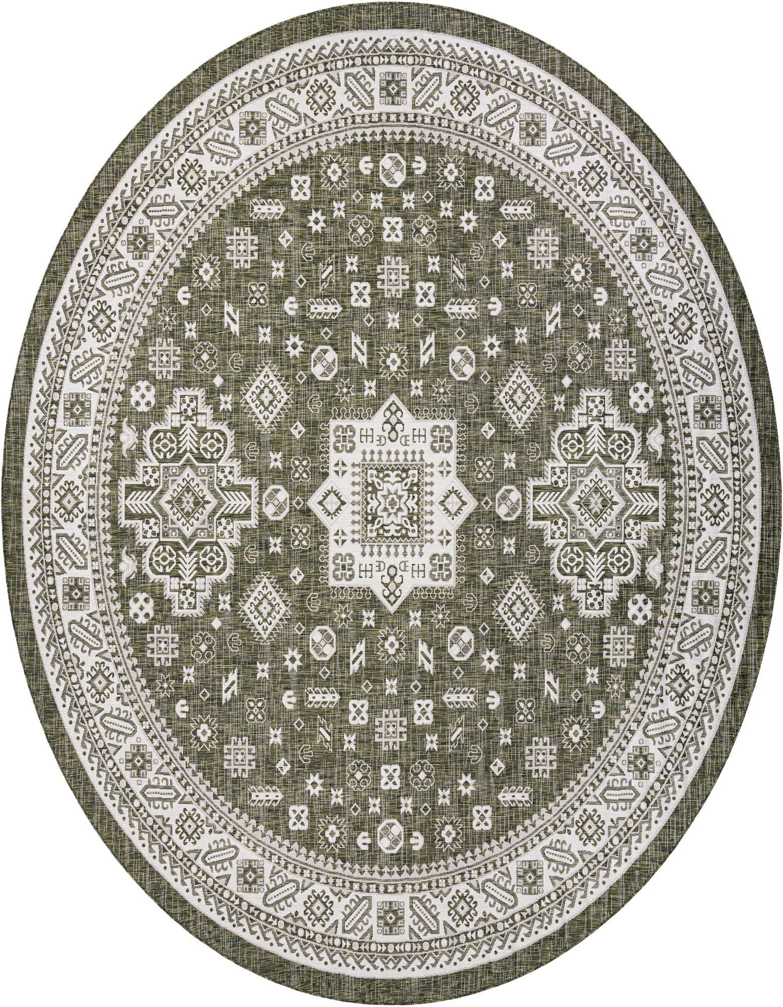 A 13-foot round Rugs.com Outdoor Aztec rug in shades of green with a white Southwestern tribal pattern.