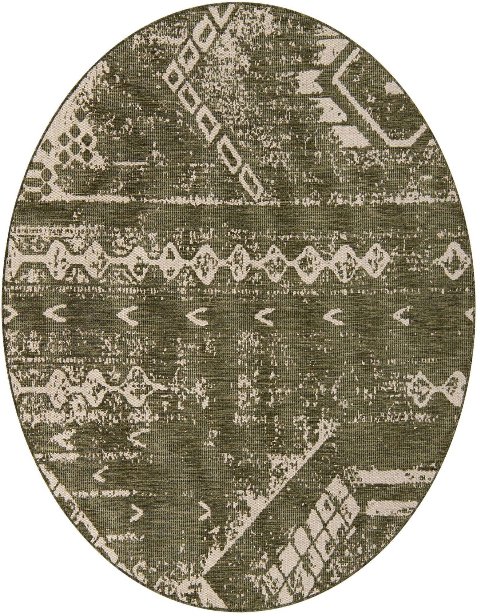 A 7' 10 round green modern outdoor rug with distressed geometric patterns in a lighter tone, suitable for a patio.