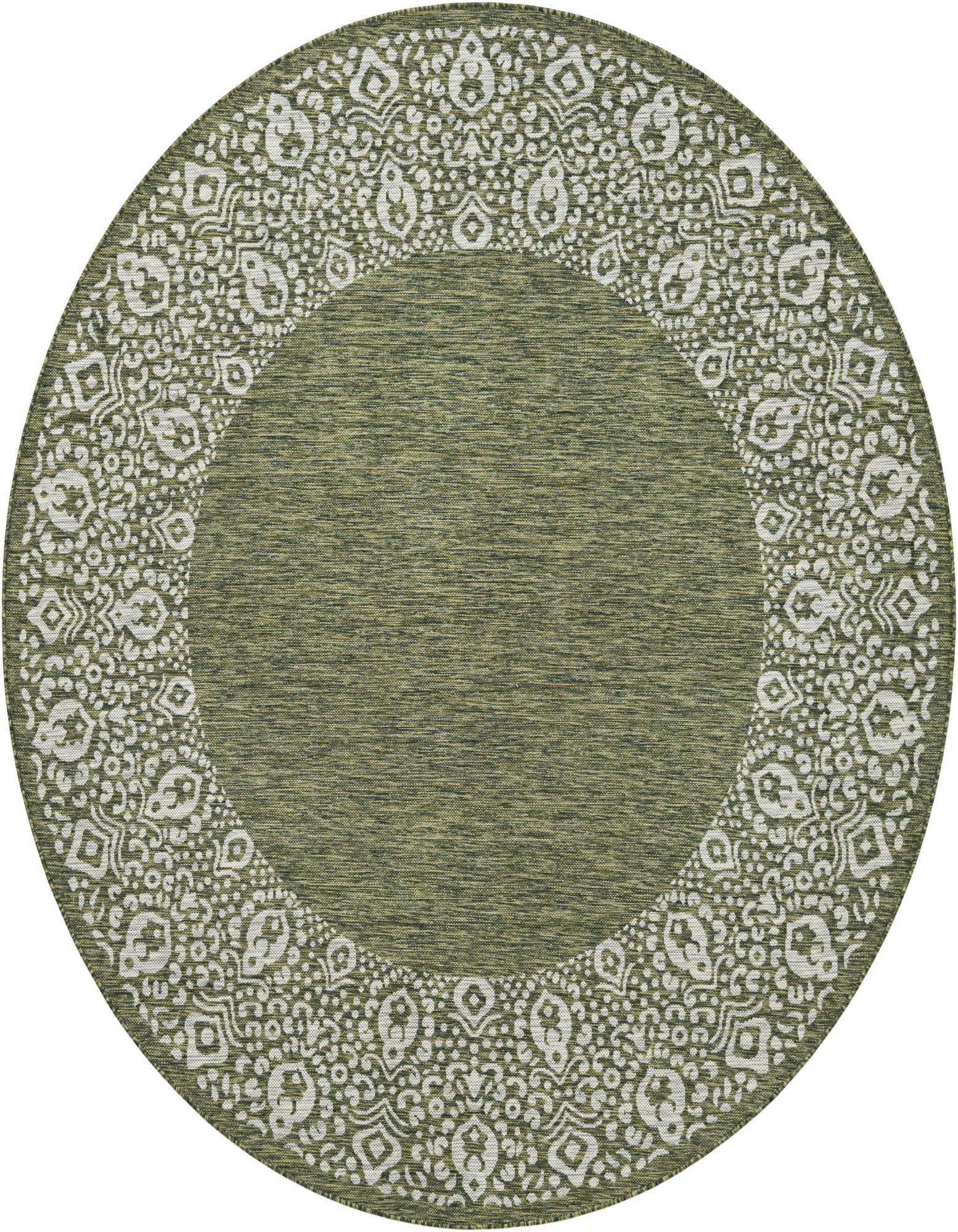 A 7' 10 round green indoor/outdoor rug with a white contemporary border pattern, ideal for a patio.