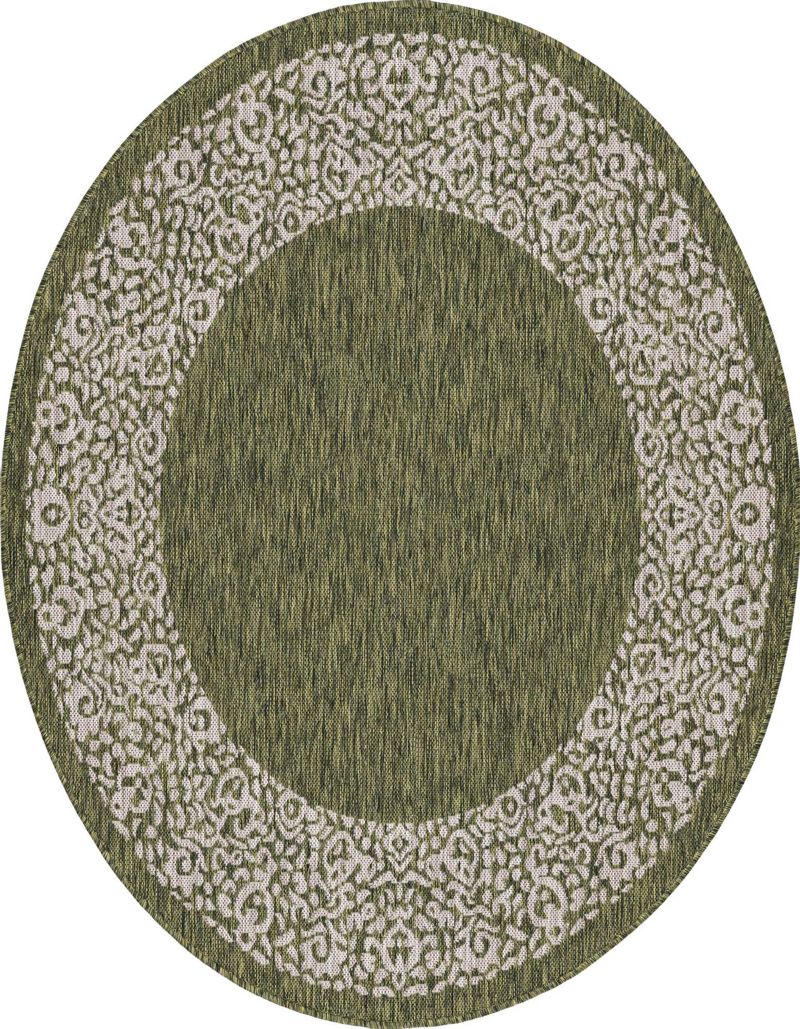 A 5' 3 round green indoor/outdoor rug with a light-colored, intricate border pattern, ideal for a patio.