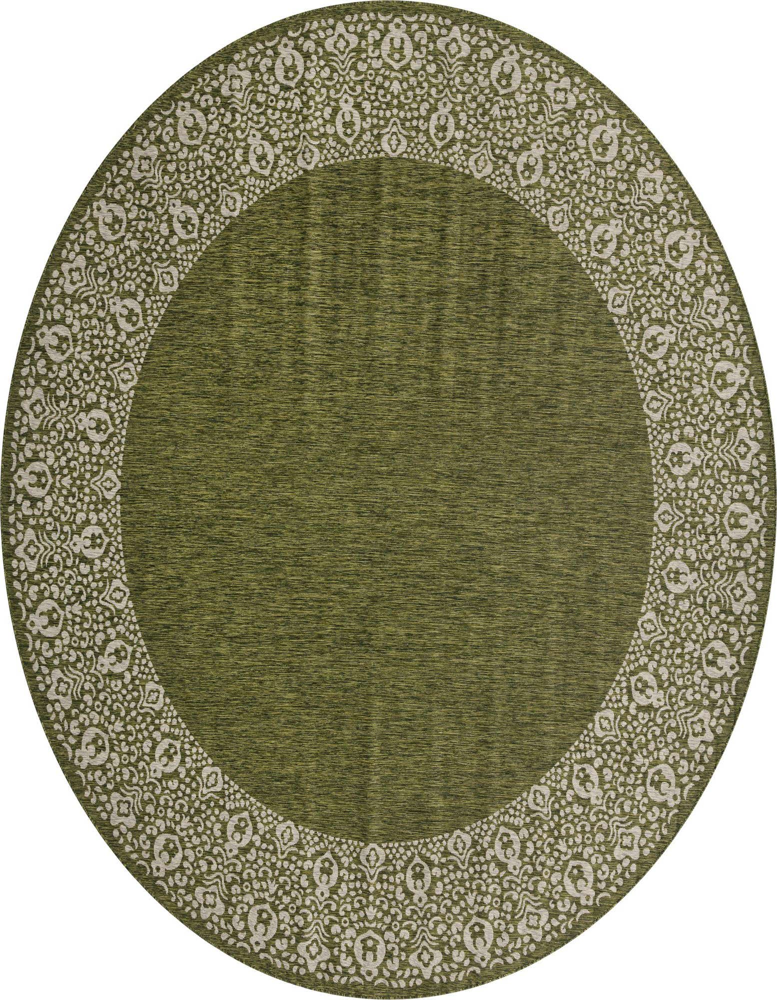 A 13' round green indoor/outdoor rug with a light beige vintage-inspired border pattern, ideal for a patio.