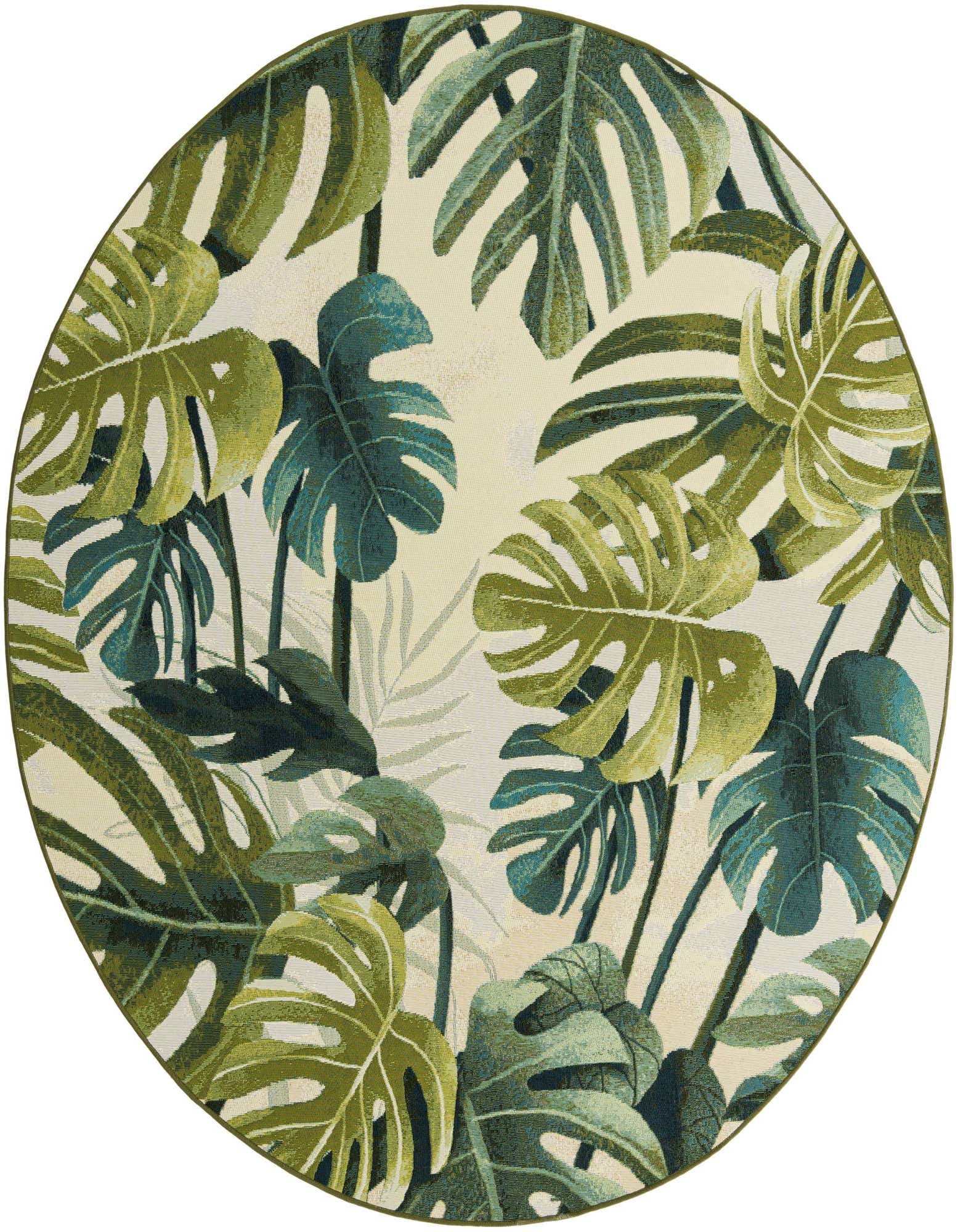 A round green botanical rug with large monstera leaves in various shades of green on a cream background, perfect for a patio.