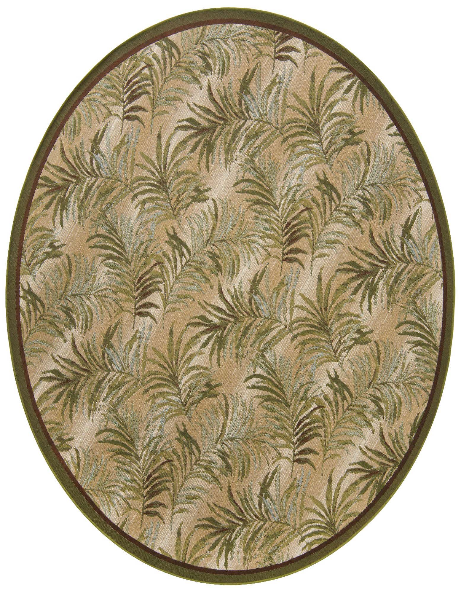 A 7' 10 round indoor/outdoor rug with a green botanical palm leaf pattern on a beige background, featuring a dark green border.