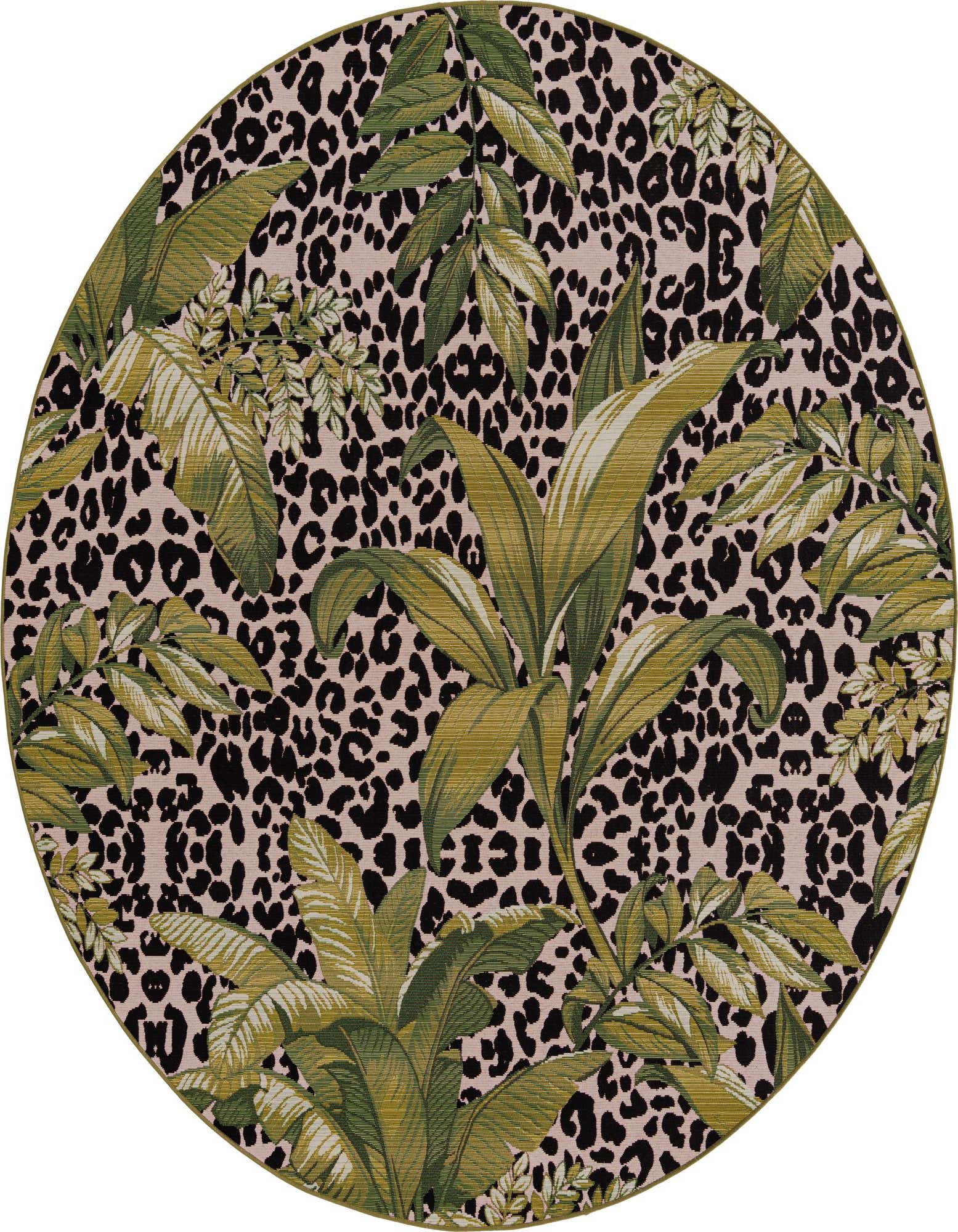 A round 7' 10 x 7' 10 indoor/outdoor rug featuring green botanical leaves over a light pink and black leopard print background.