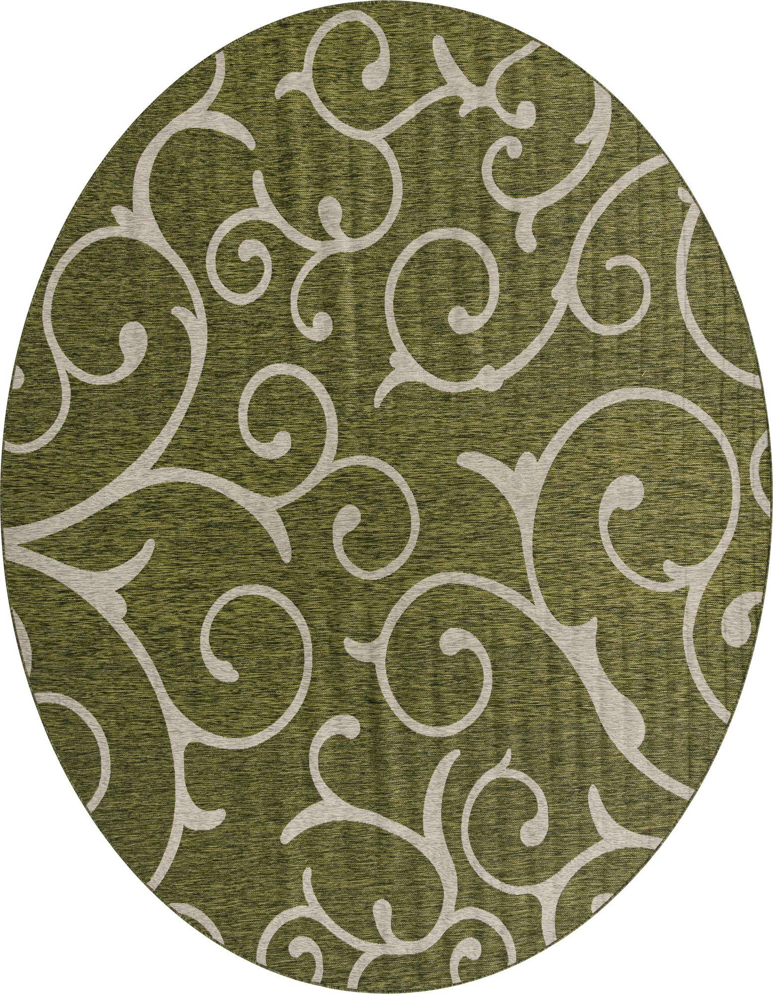 A 13' round green indoor/outdoor rug with a large, swirling botanical pattern in light beige.