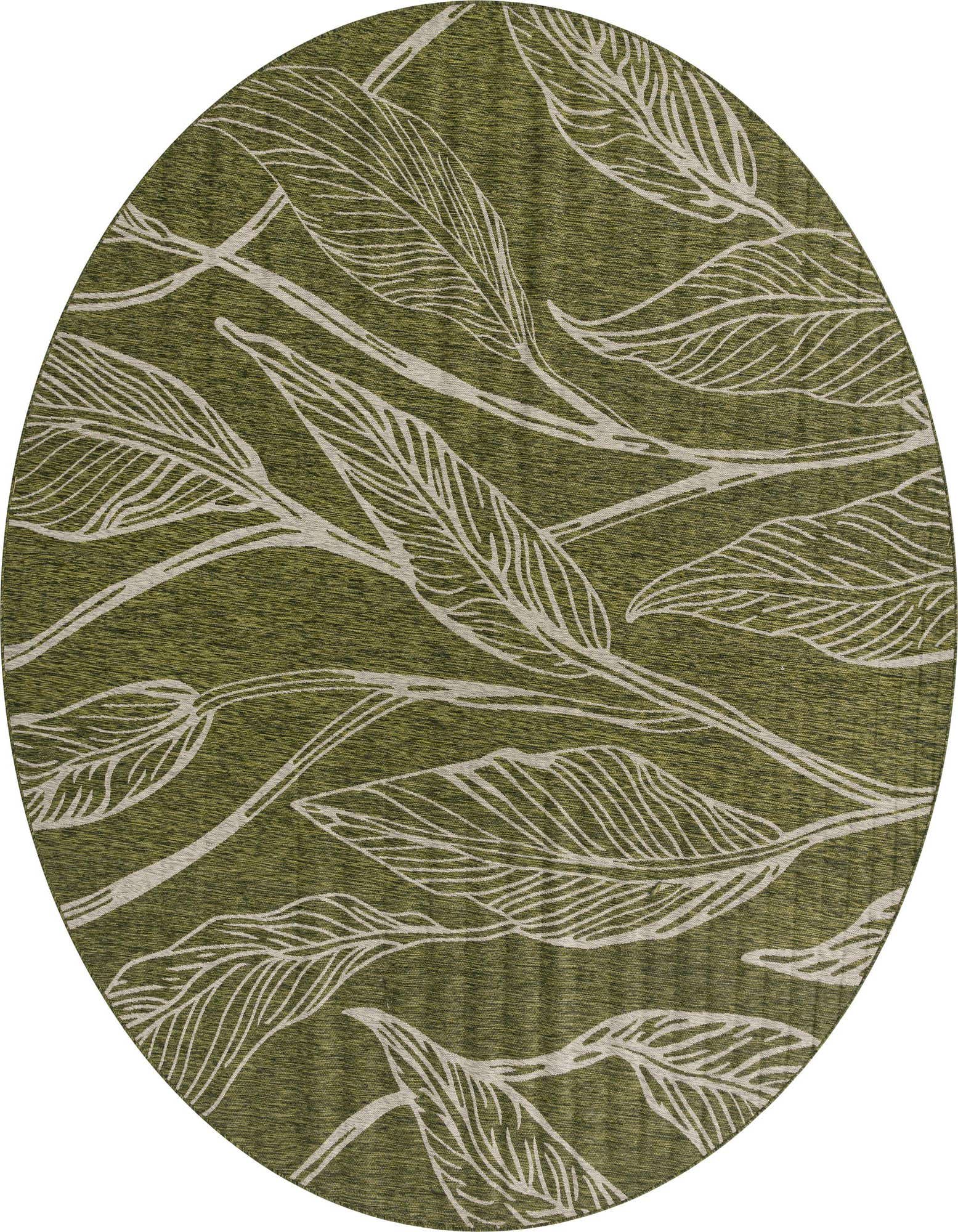 A 13' round green indoor/outdoor rug with a modern botanical leaf pattern in light beige, suitable for a patio.