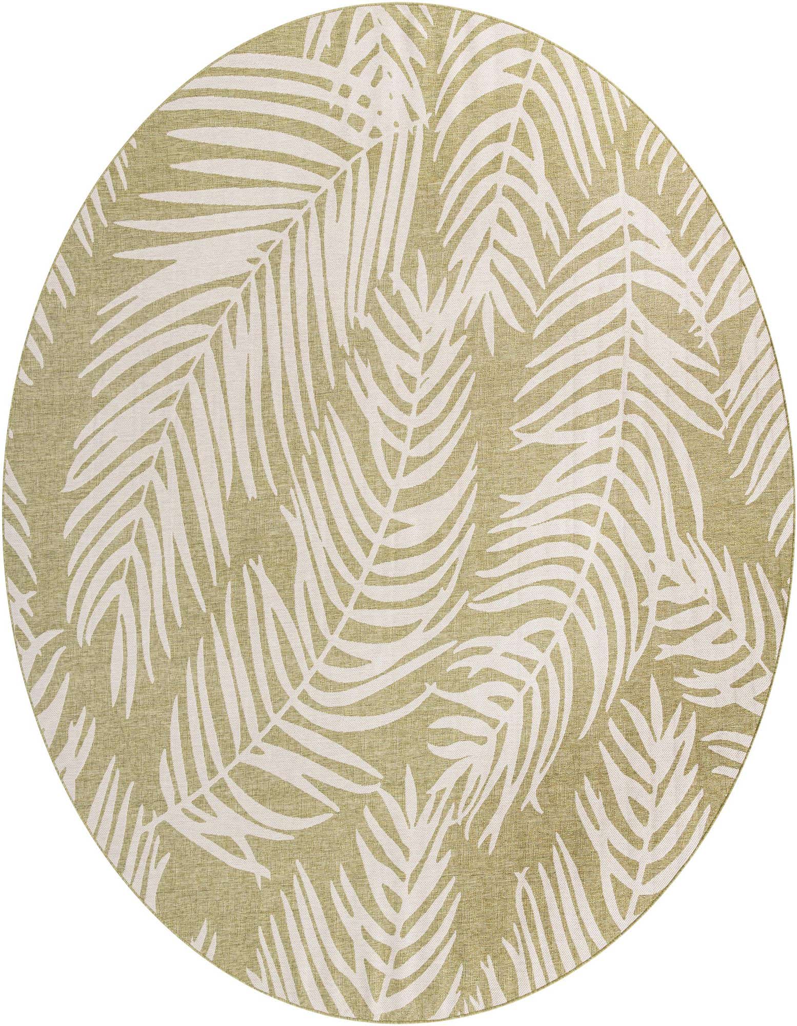A large round green and white tropical rug featuring a bold palm leaf pattern, ideal for a patio.