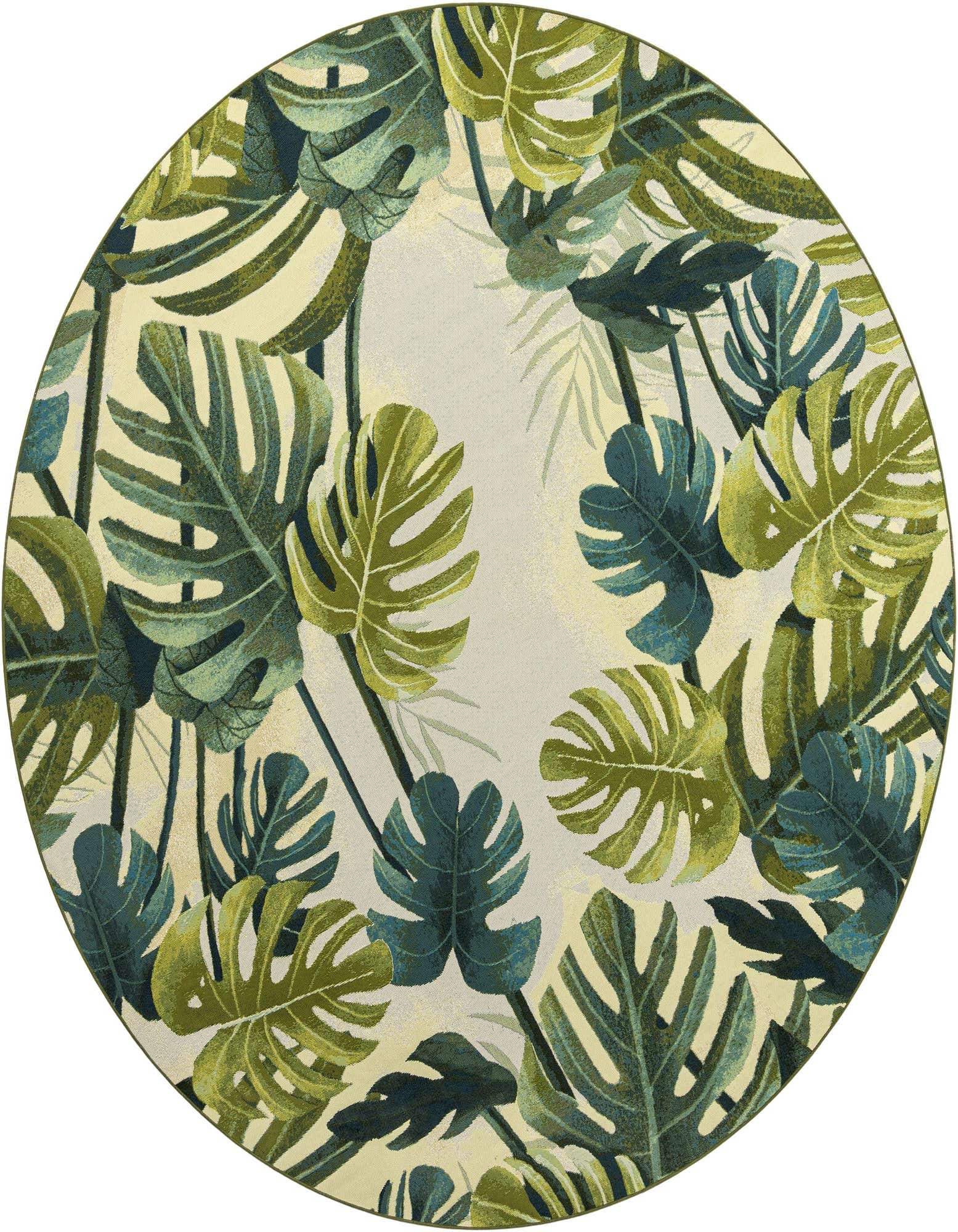 A 10' round green botanical rug featuring large monstera leaves in various shades of green on a light background, suitable for a patio.