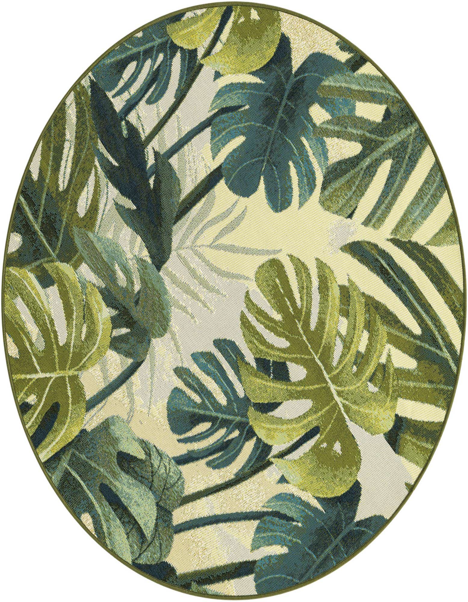 A 4' round green botanical rug from the Outdoor Botanical collection, featuring large monstera leaves in various shades of green and teal on a light background, suitable for indoor or outdoor use.
