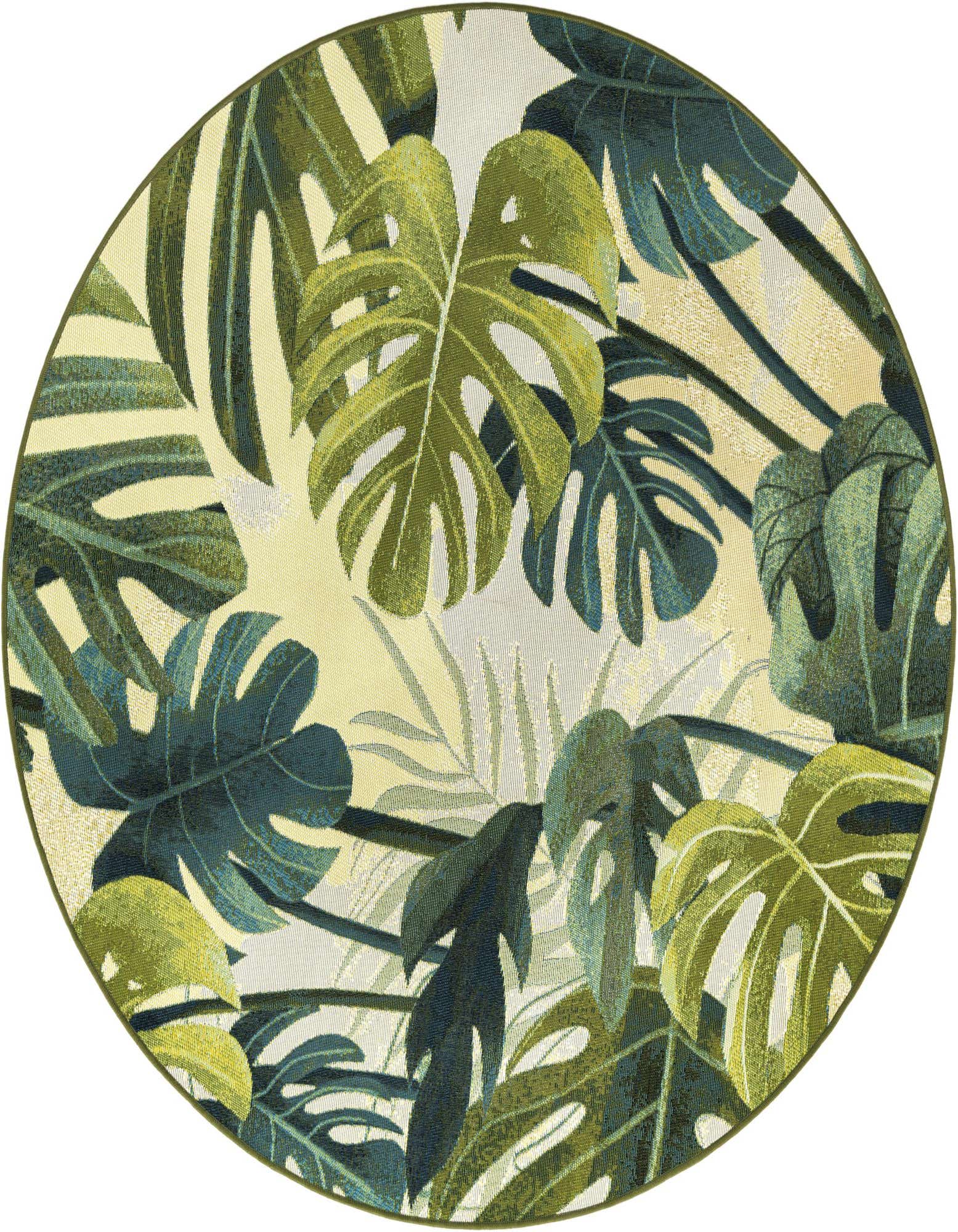A 5' round green botanical rug from the Rugs.com Outdoor Botanical collection, featuring large monstera leaves in various shades of green on a light background, perfect for a patio.
