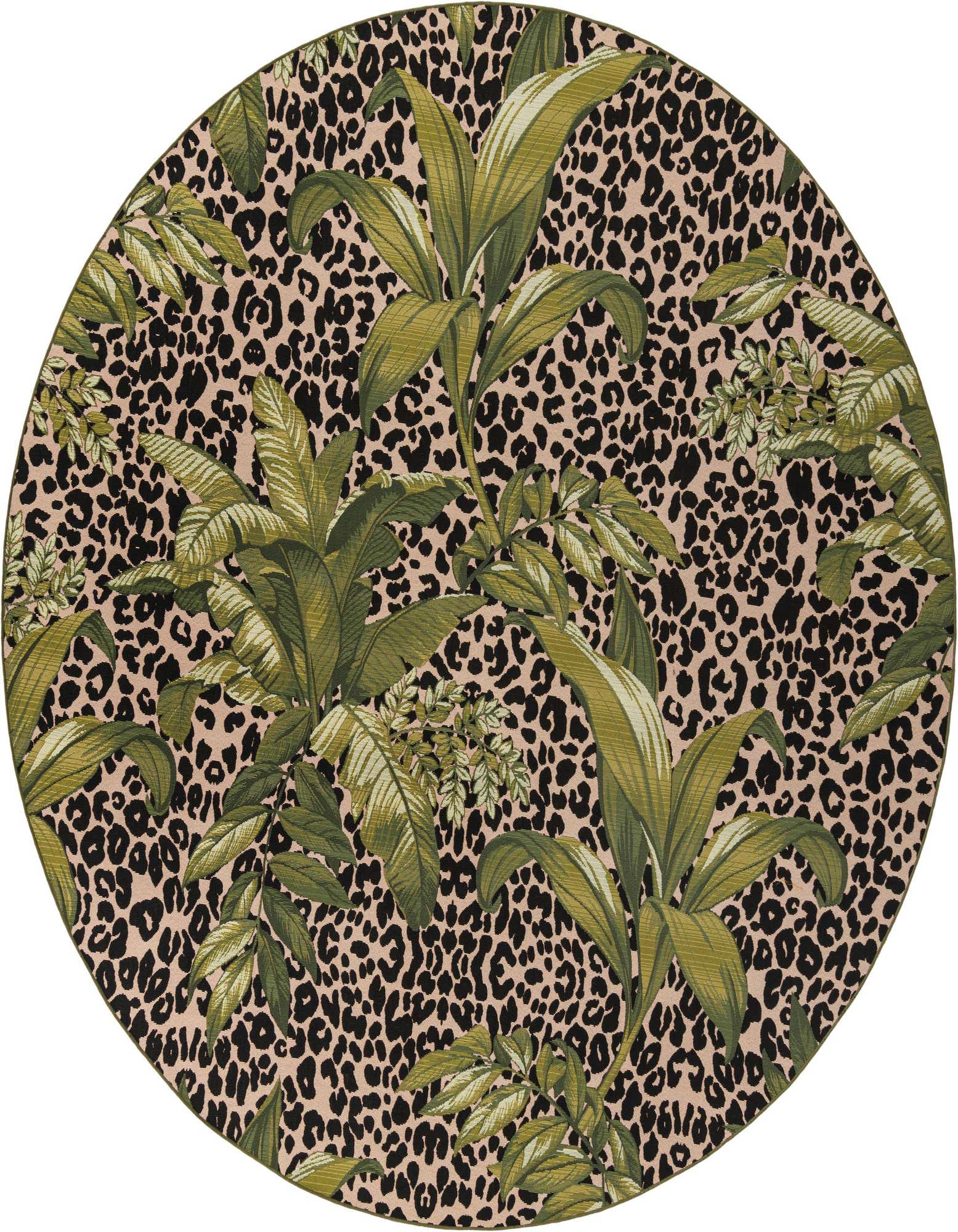 A round 10' green botanical rug from the Rugs.com Outdoor Botanical collection, featuring large tropical leaves over a leopard print background.