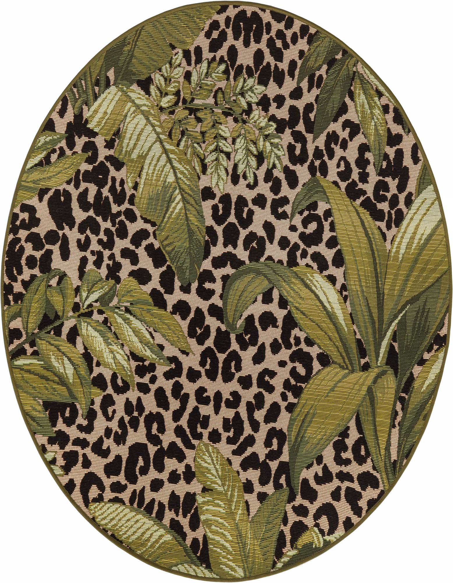 A round green botanical rug with a leopard print background, featuring large tropical leaves in various shades of green.